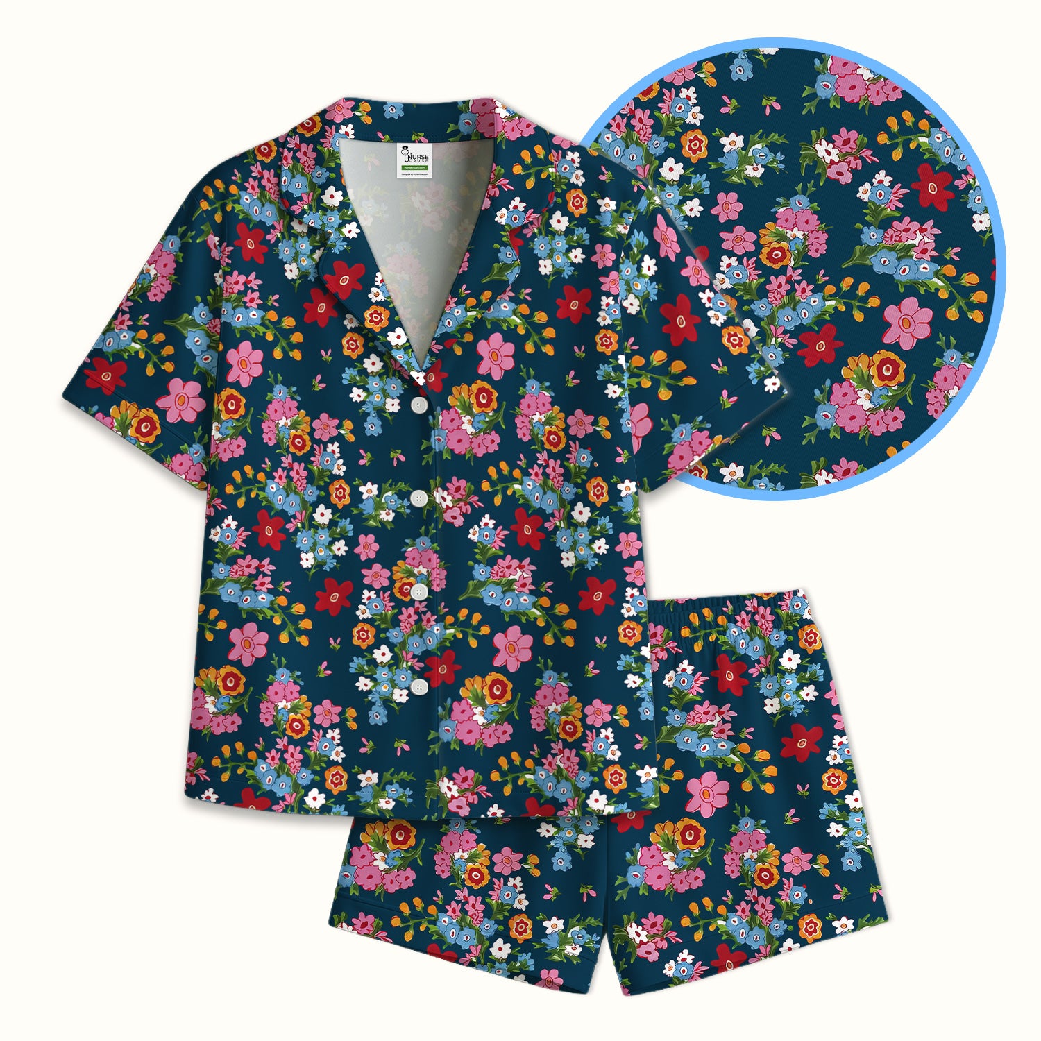Charming Vintage Floral Bouquet Pattern Pajama Set, Breathable Fabrics Uniform