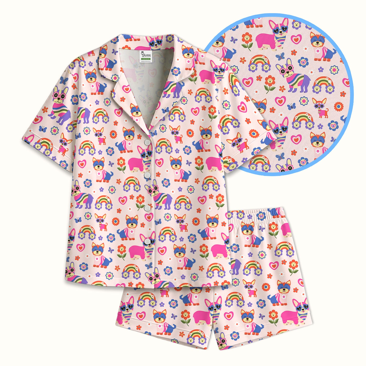 Colorful Cartoon Dogs With Rainbow Flowers Pattern Pajama Set, Soft Breathable Fabric Comfortable Sleepwear