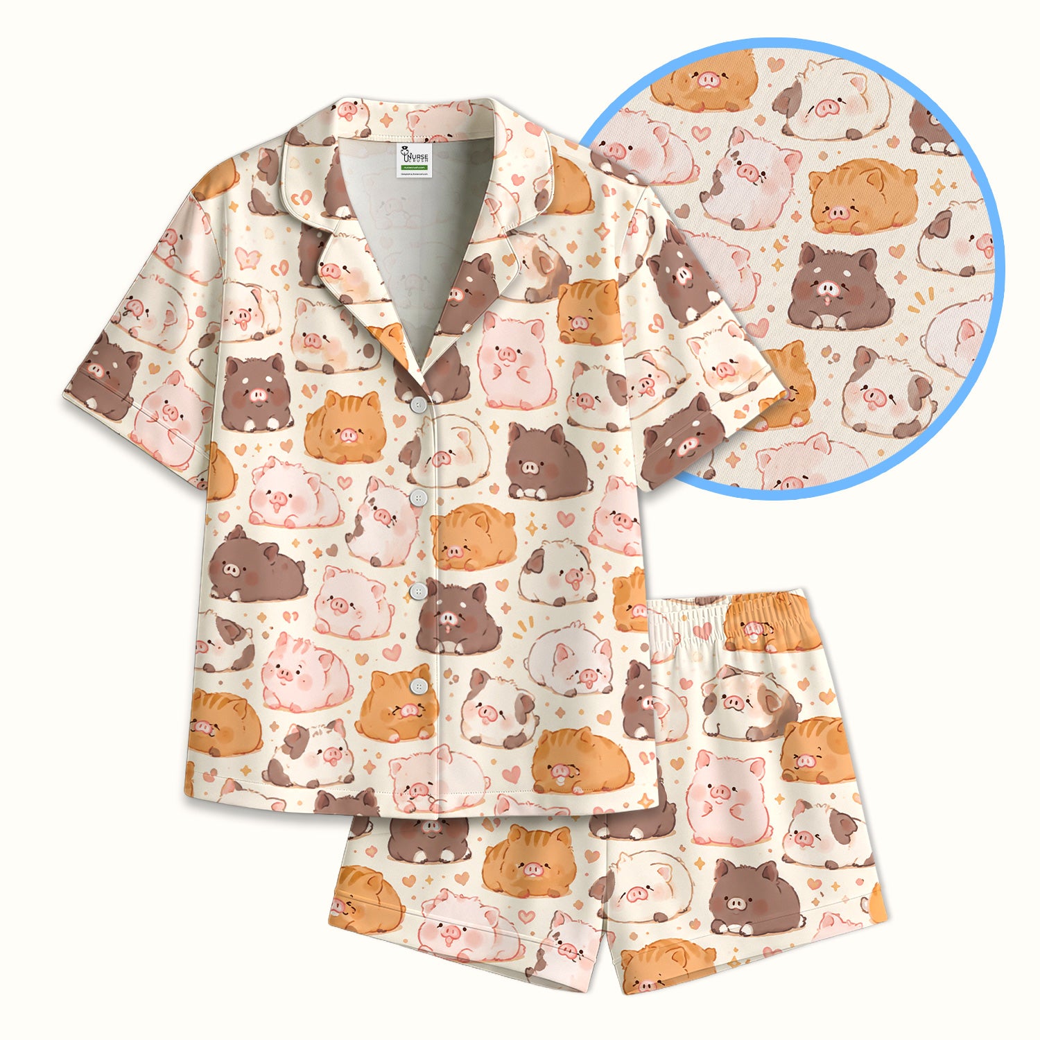 Cute Chubby Pig Nurse Print Pajama Set, Soft Breathable Fabric Comfortable Sleepwear