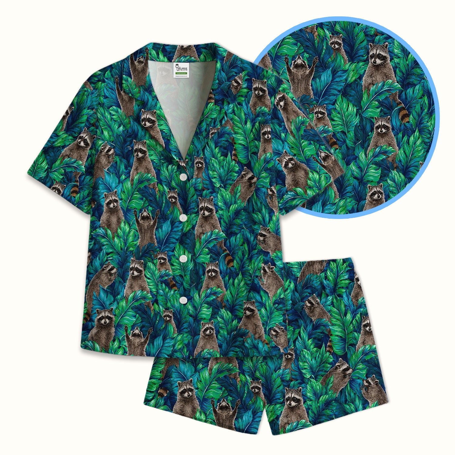 Tropical Raccoon Jungle Leaves Pattern Pajama Set, Soft Breathable Fabric Comfortable Sleepwear