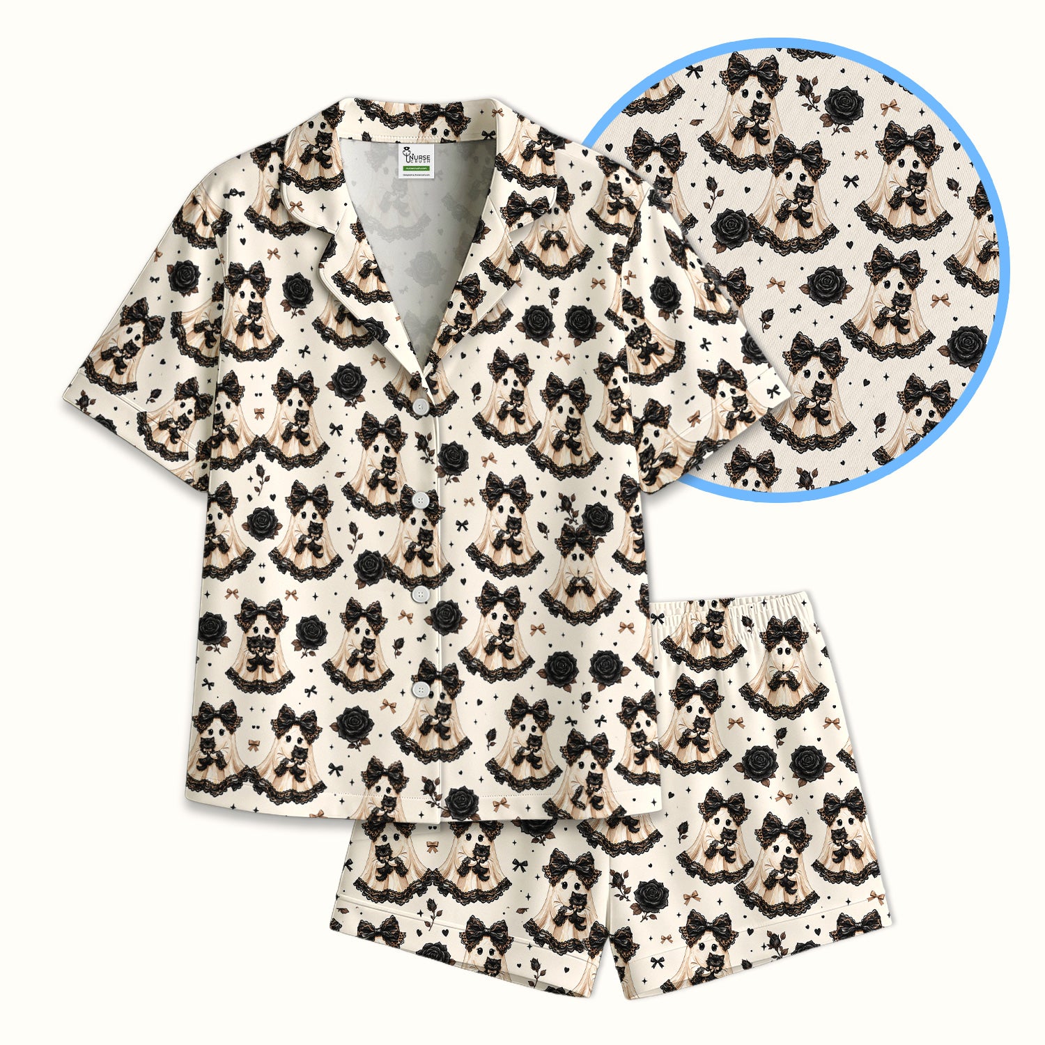 Halloween Ghost Black Cat Pattern Pajama Set, Soft Breathable Fabric Comfortable Sleepwear