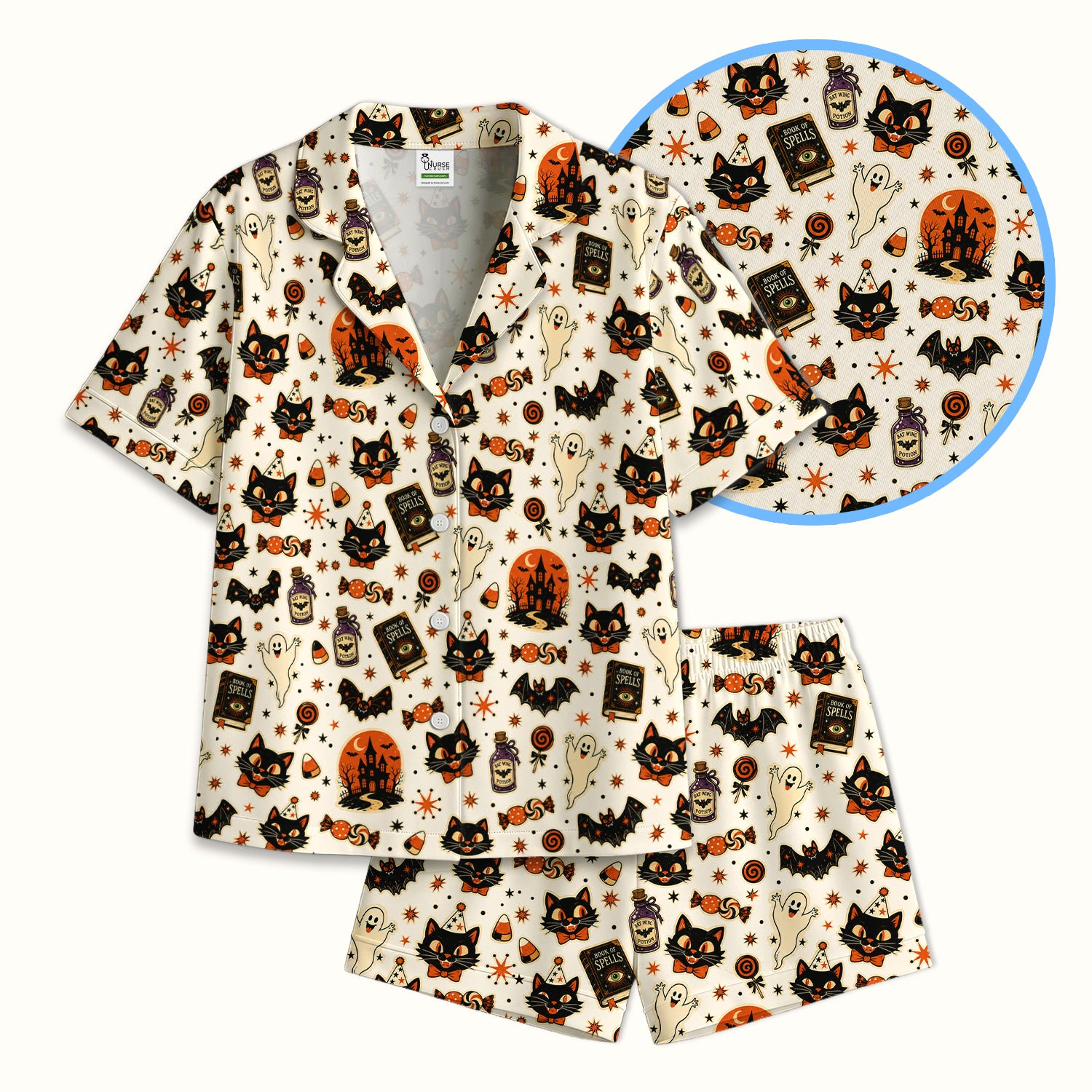 Halloween Black Cat with Ghost Candy Print Pajama Set, Soft Breathable Fabric Comfortable Sleepwear