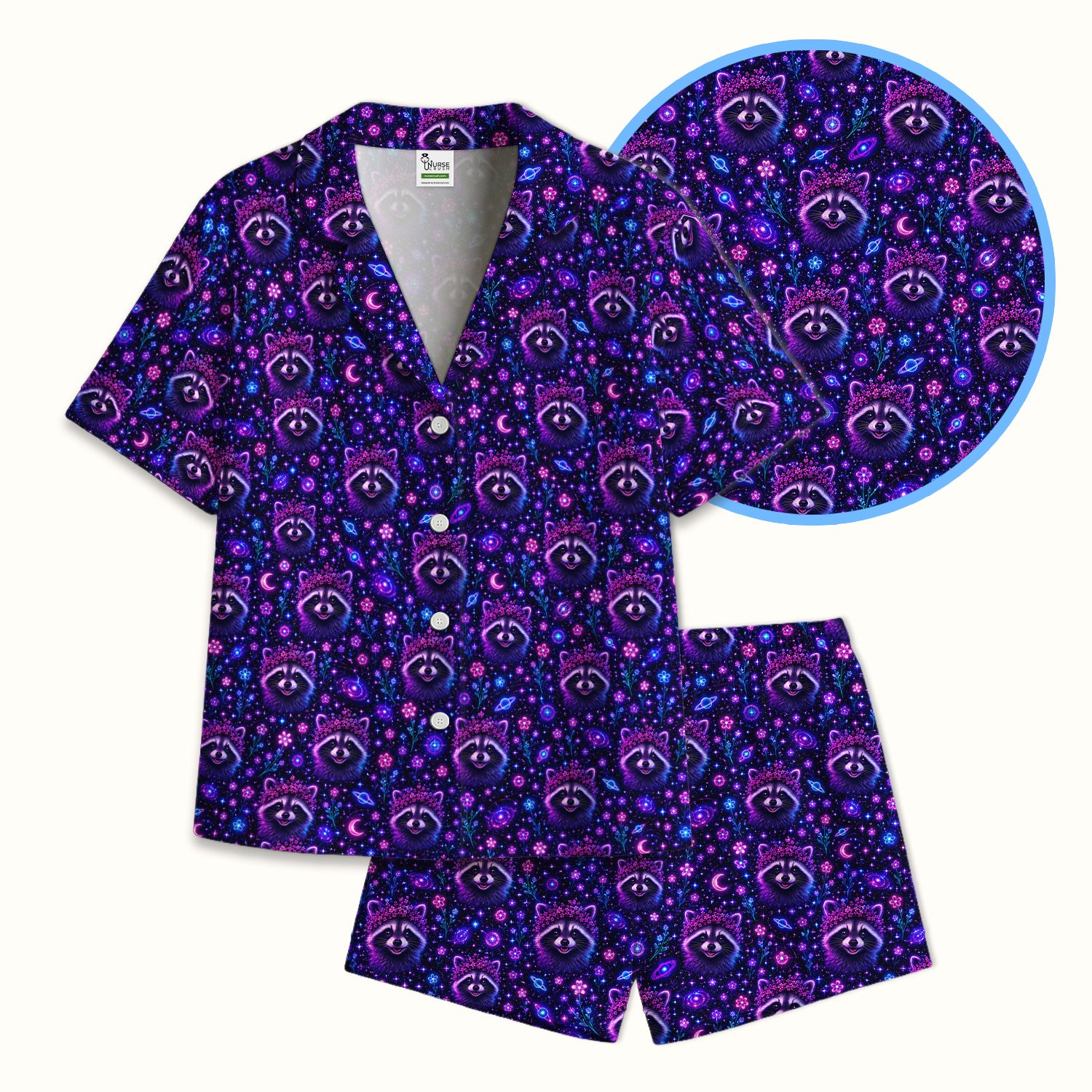 Galaxy Raccoon Nurse Pattern Pajama Set, Soft Breathable Fabric Comfortable Sleepwear