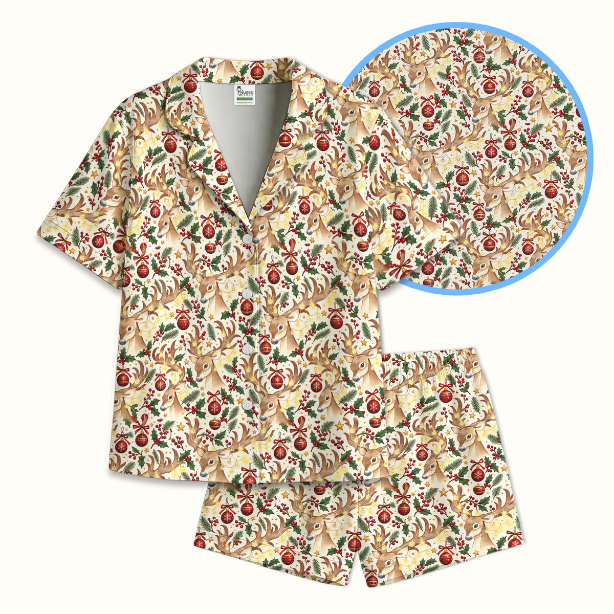 Christmas Reindeer And Holly Pajama Set, Soft Breathable Fabric Comfortable Sleepwear