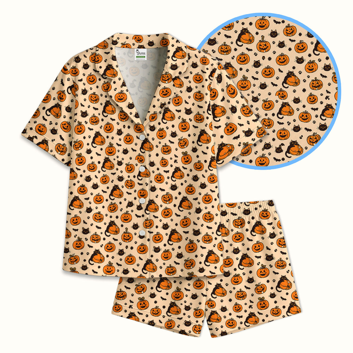 Cute Halloween Black Cat And Pumpkins Pajama Set, Soft Breathable Fabric Comfortable Sleepwear