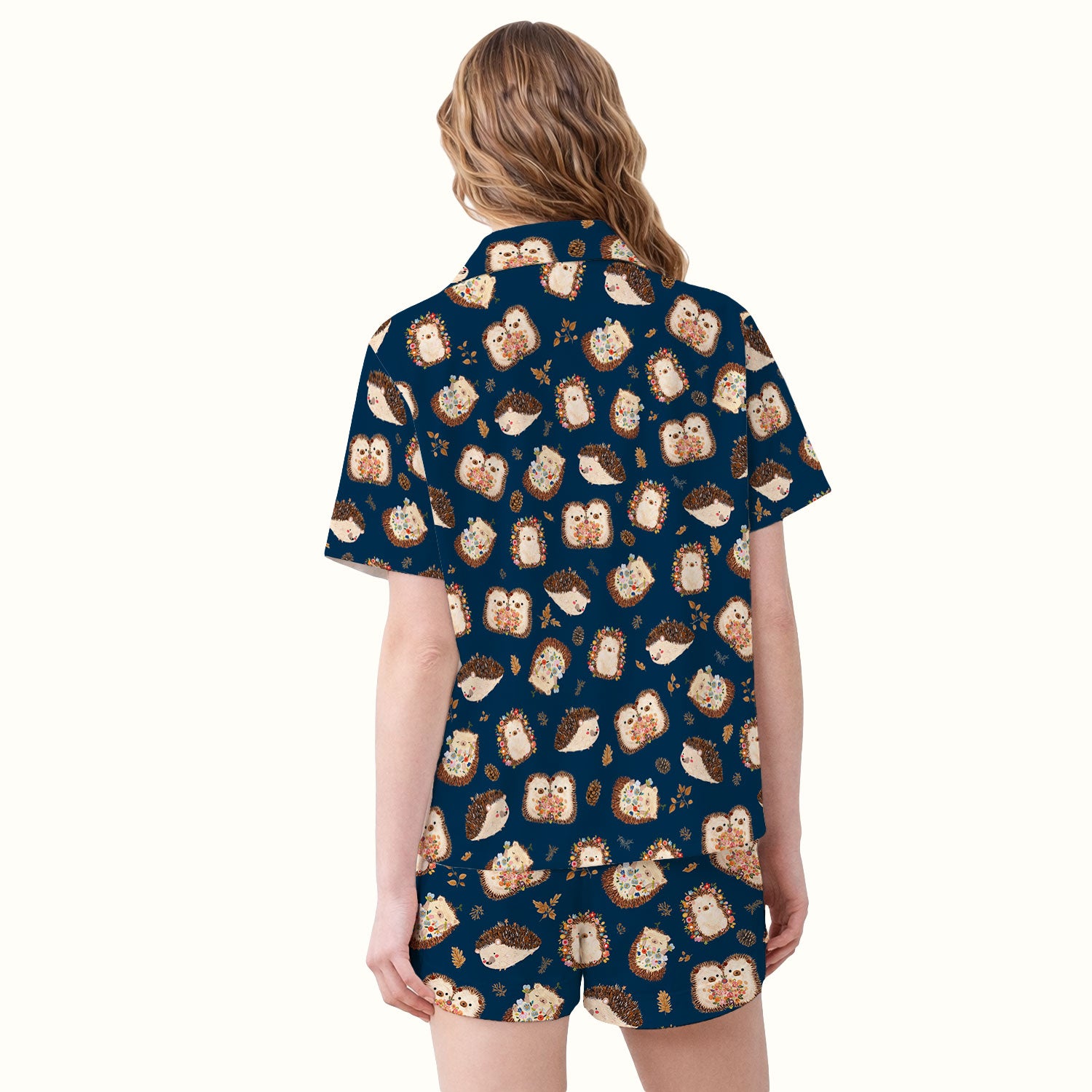 Cute Hedgehog Floral Pajama Set, Breathable Fabrics Uniform