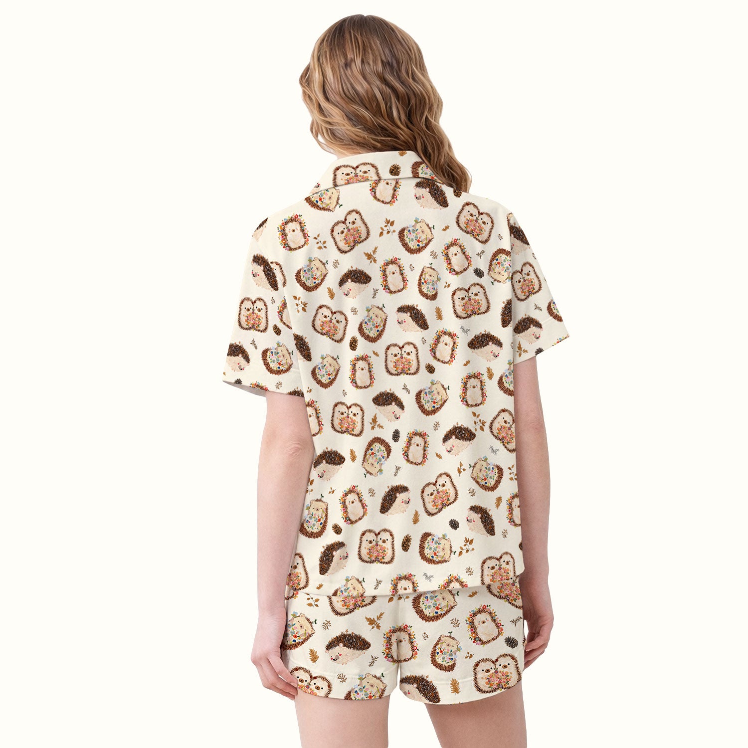 Cute Hedgehog Floral Pajama Set, Breathable Fabrics Uniform