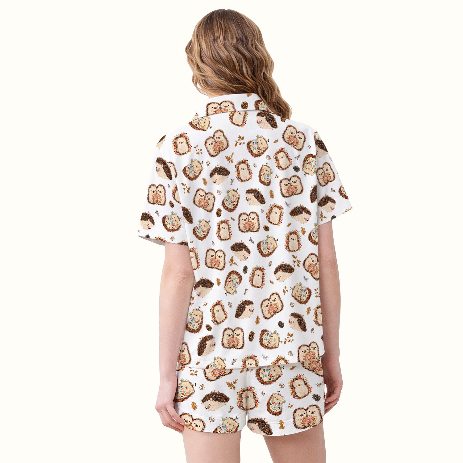 Cute Hedgehog Floral Pajama Set, Breathable Fabrics Uniform