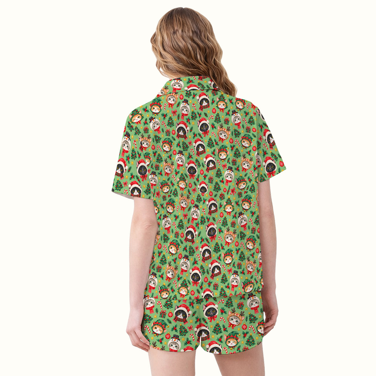 Christmas Cats And Trees Pattern Pajama Set, Breathable Fabrics Uniform