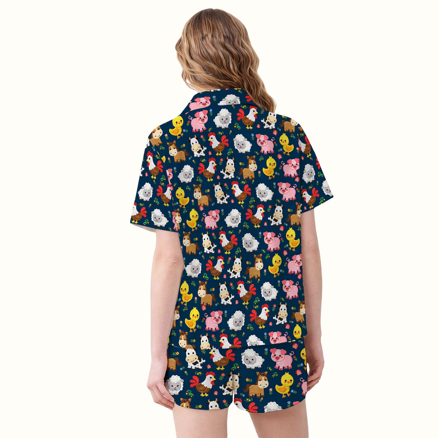 Cartoon Farm Animal Pattern Pajama Set, Breathable Fabrics Uniform