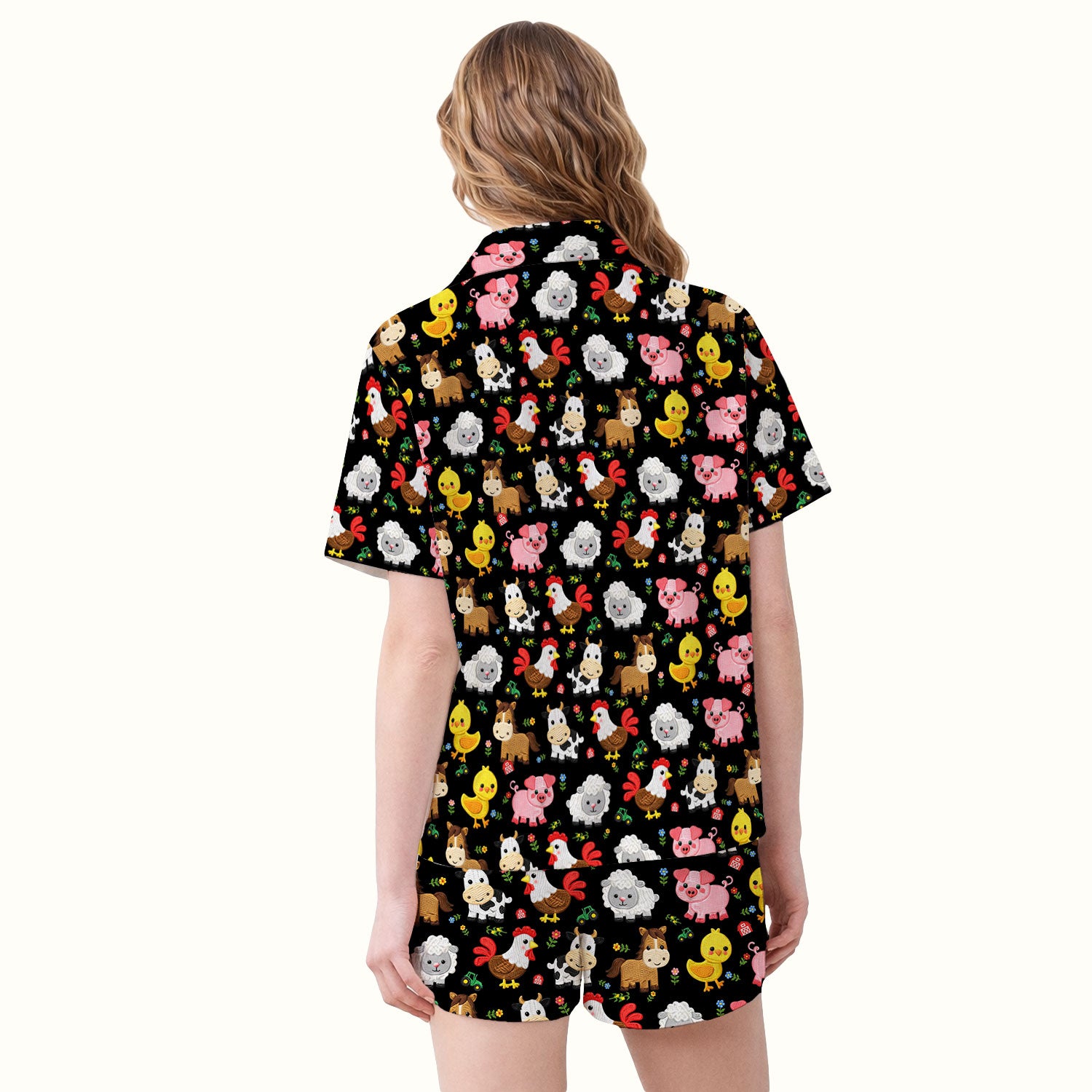 Cartoon Farm Animal Pattern Pajama Set, Breathable Fabrics Uniform