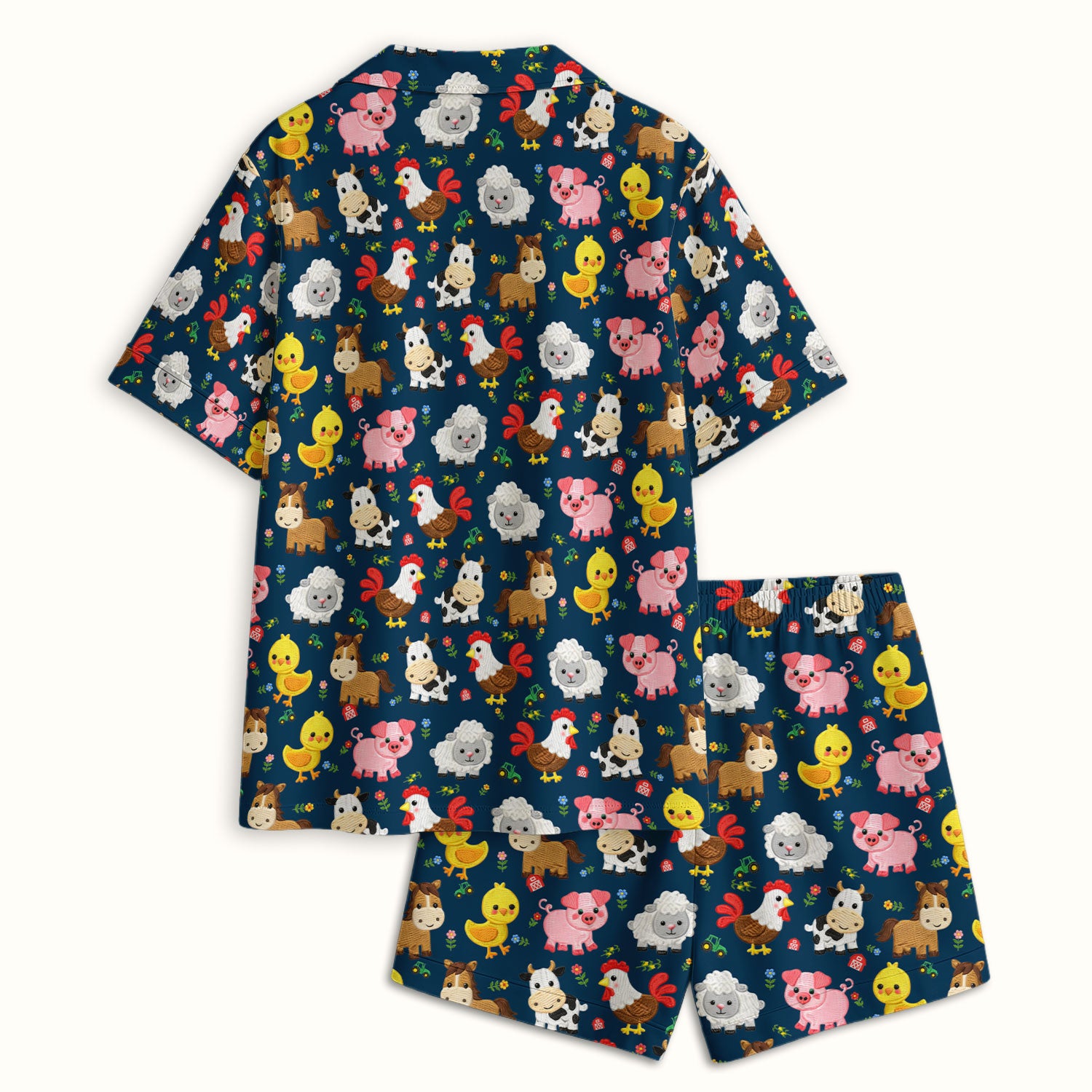 Cartoon Farm Animal Pattern Pajama Set, Breathable Fabrics Uniform