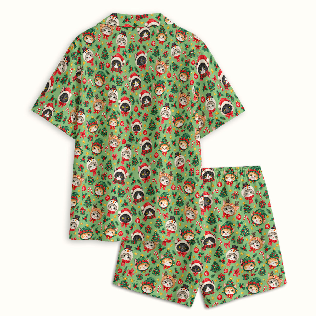 Christmas Cats And Trees Pattern Pajama Set, Breathable Fabrics Uniform