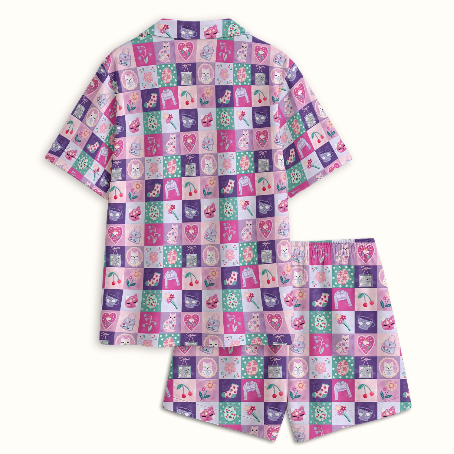 Pastel Cat Patchwork Pajama Set, Kawaii Floral Breathable Fabrics Uniform