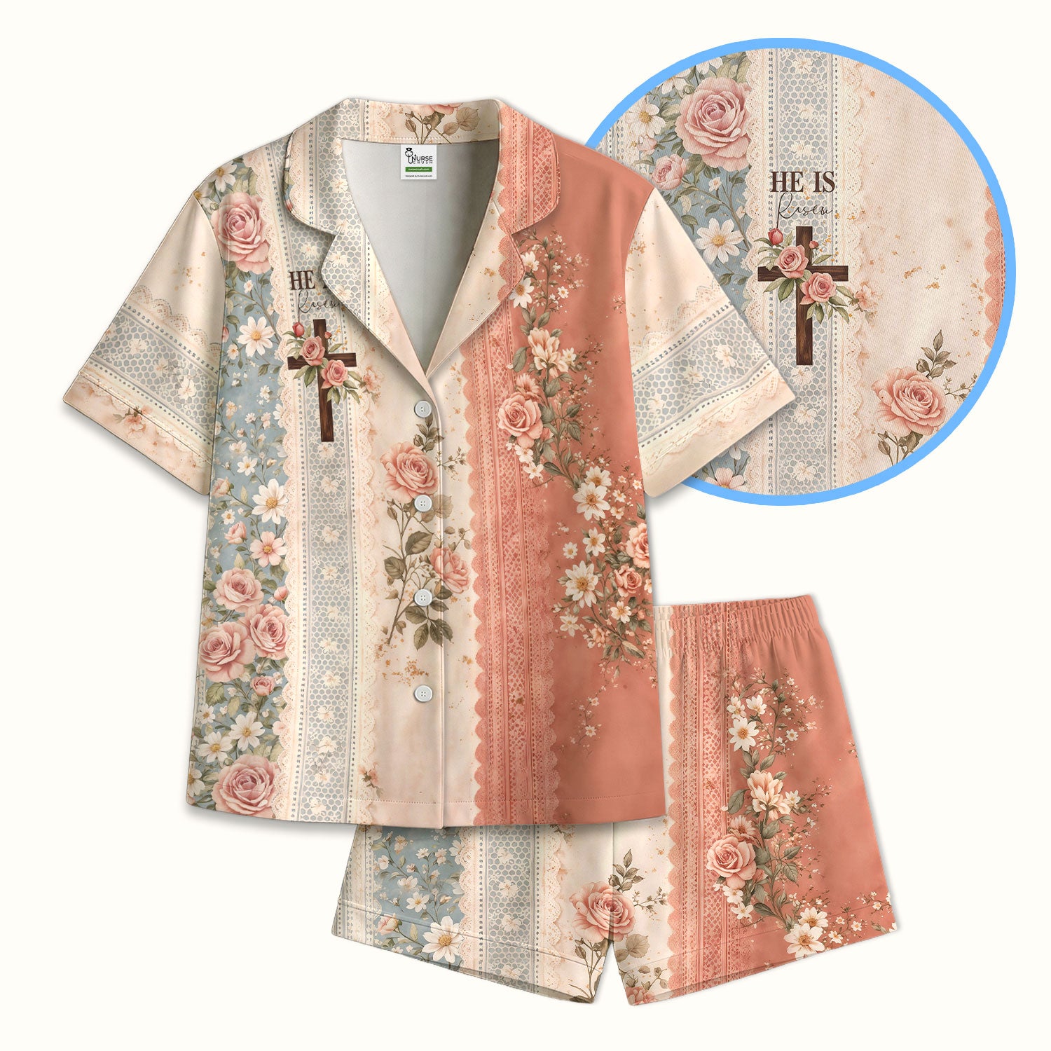 Inspirational Christian Cross Rose He Is Risen Vintage Floral Pattern Pajama Set, Breathable Fabrics Uniform