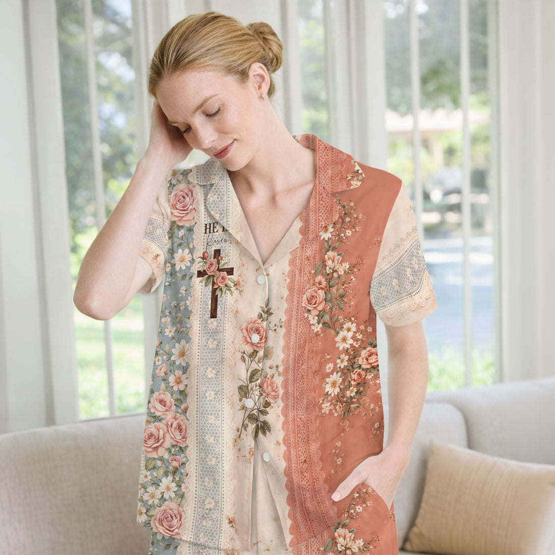 Inspirational Christian Cross Rose He Is Risen Vintage Floral Pattern Pajama Set, Breathable Fabrics Uniform