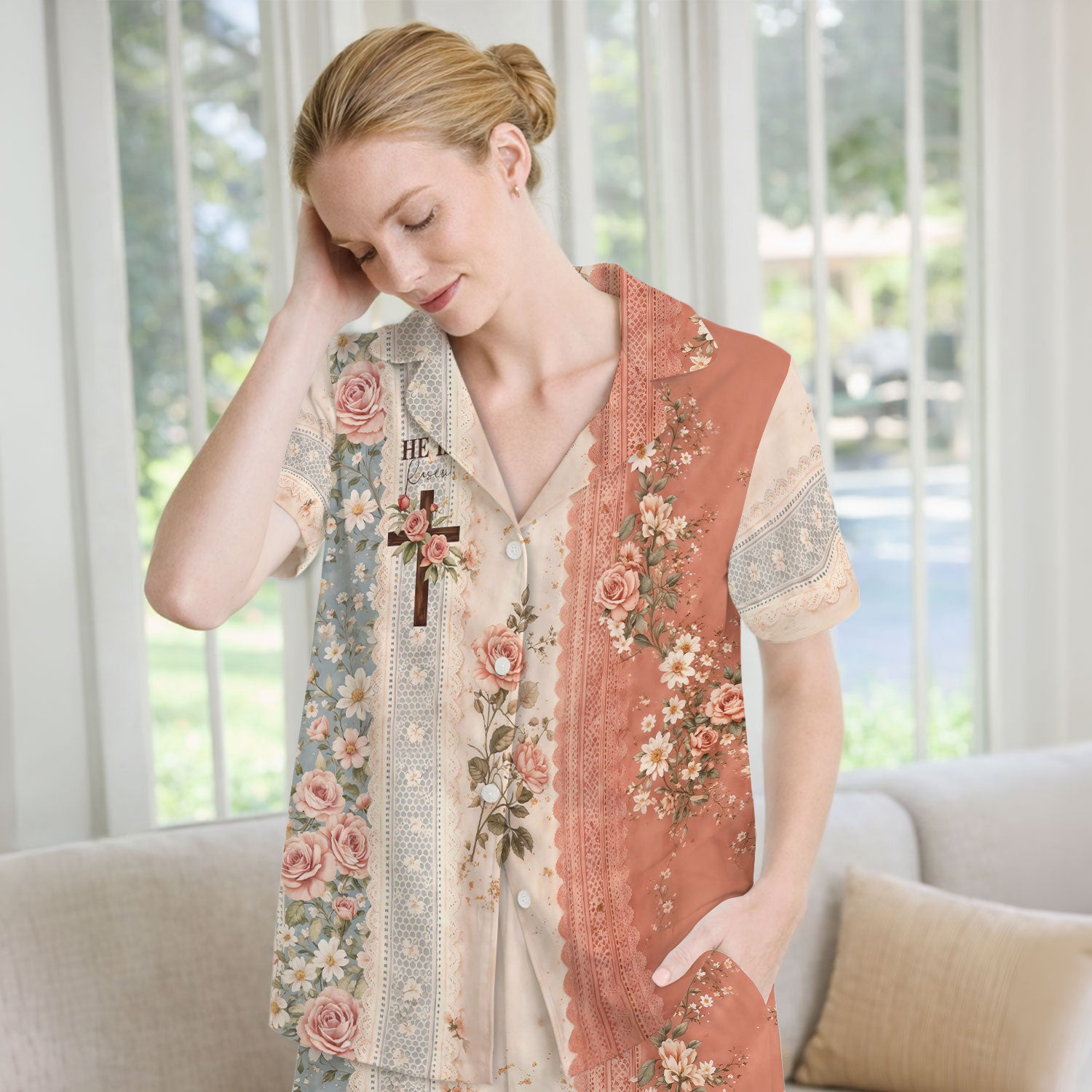 Inspirational Christian Cross Rose He Is Risen Vintage Floral Pattern Pajama Set, Breathable Fabrics Uniform