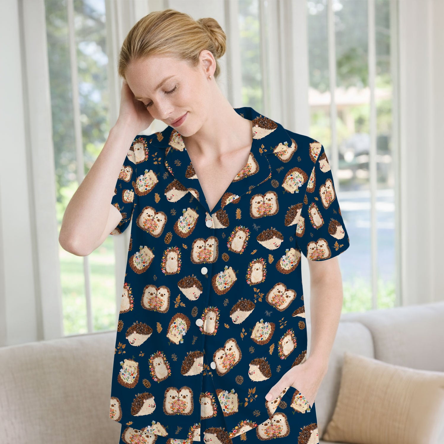 Cute Hedgehog Floral Pajama Set, Breathable Fabrics Uniform