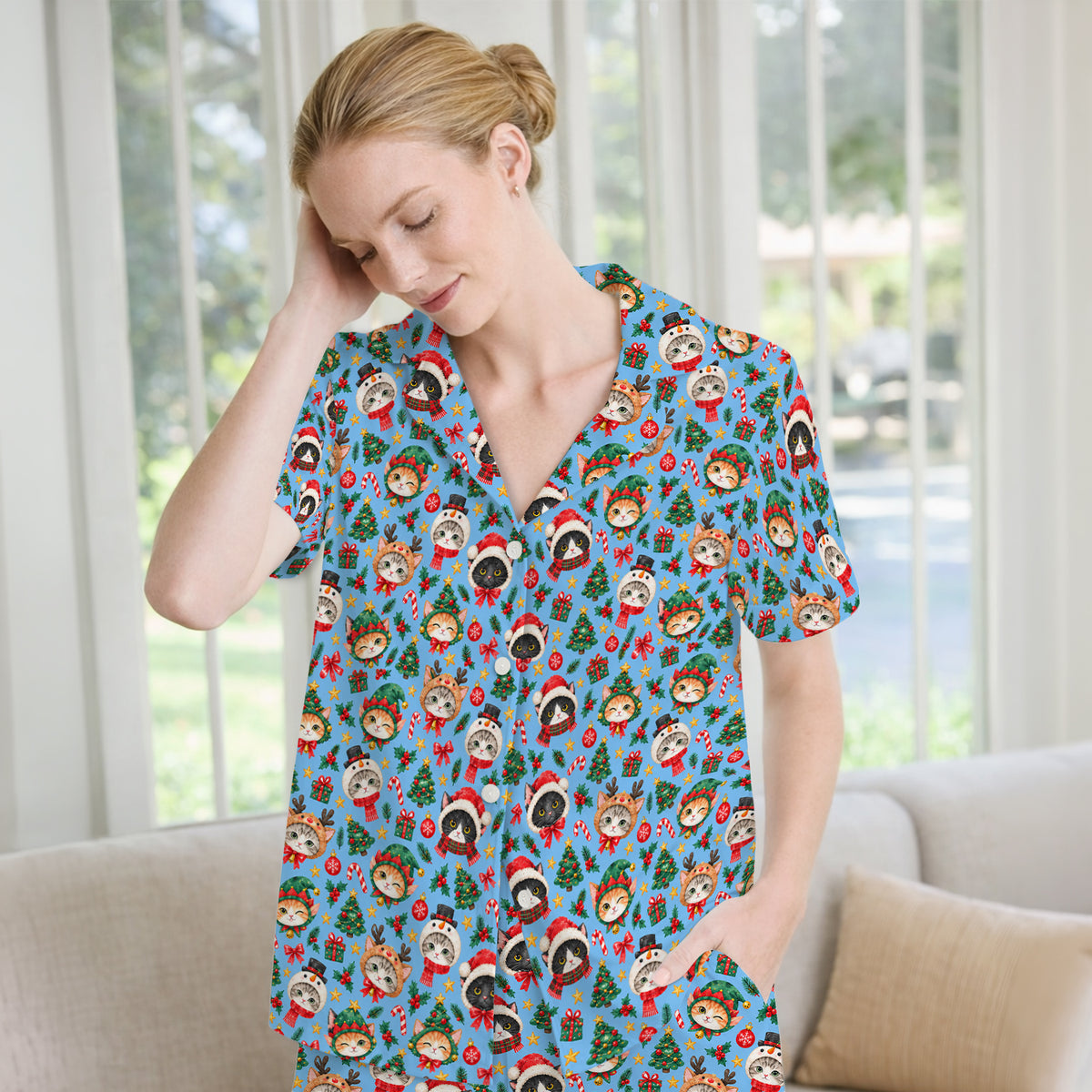 Christmas Cats And Trees Pattern Pajama Set, Breathable Fabrics Uniform