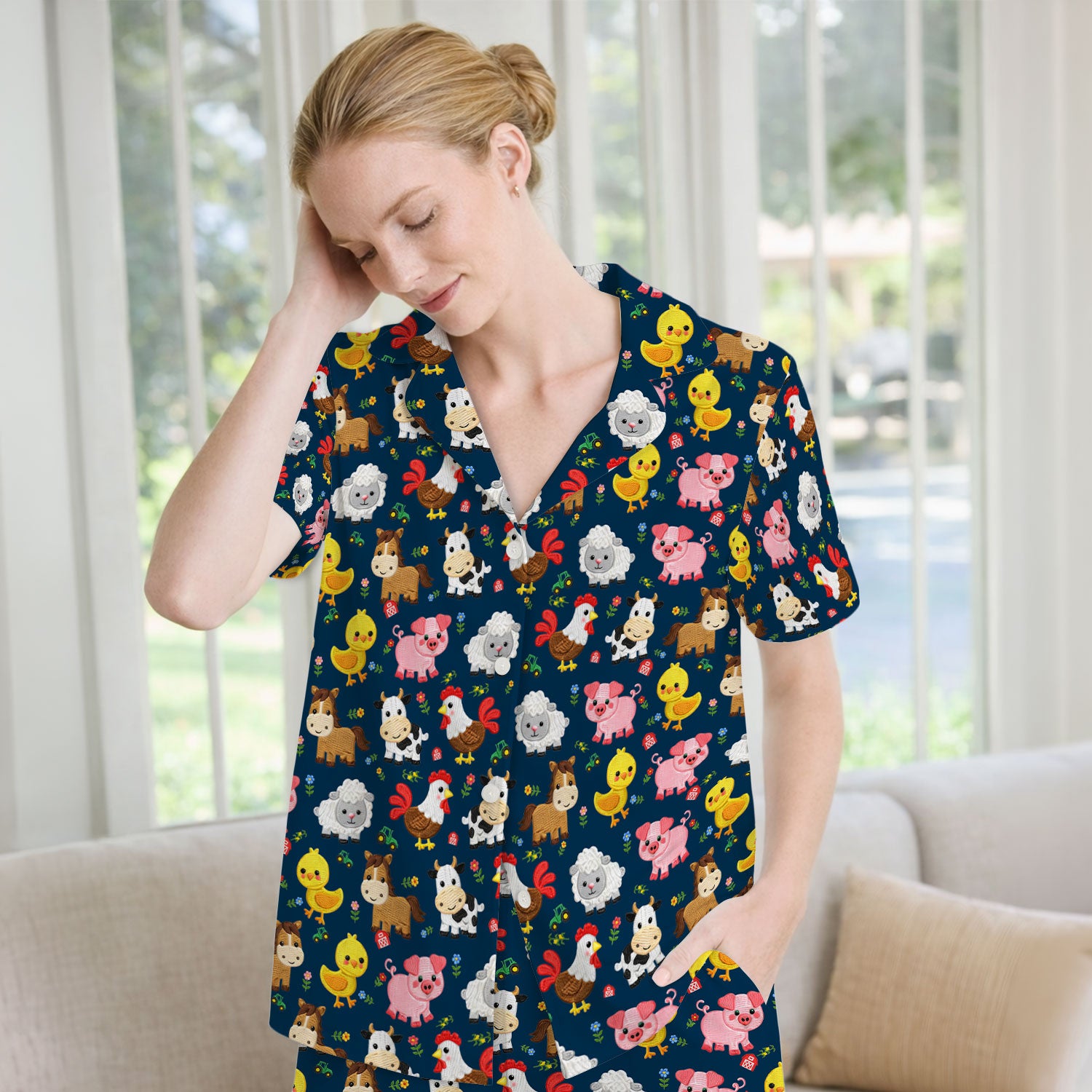 Cartoon Farm Animal Pattern Pajama Set, Breathable Fabrics Uniform