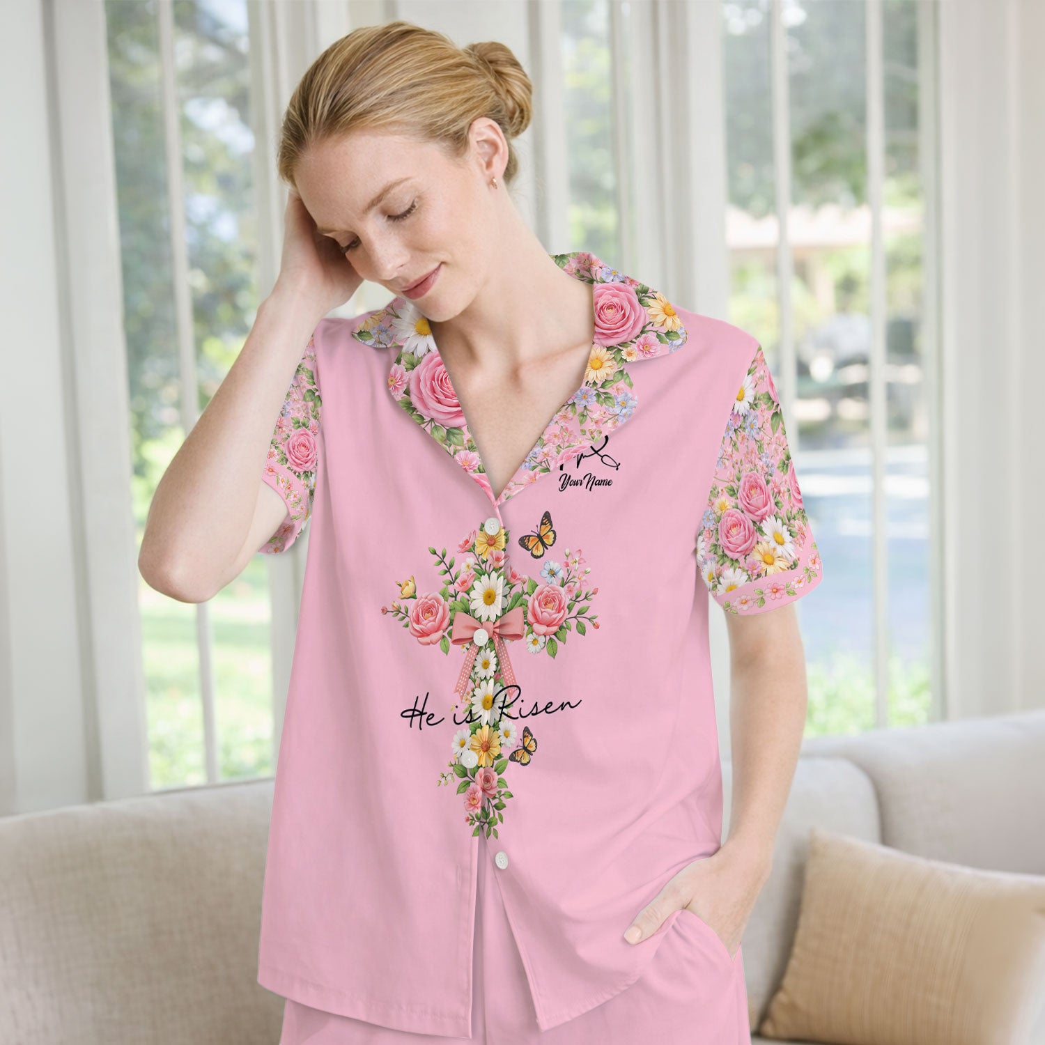 Personalized Meaningful Easter Nurse He Is Risen Floral Cross Bow Pattern Pajama Set, Breathable Fabrics Uniform