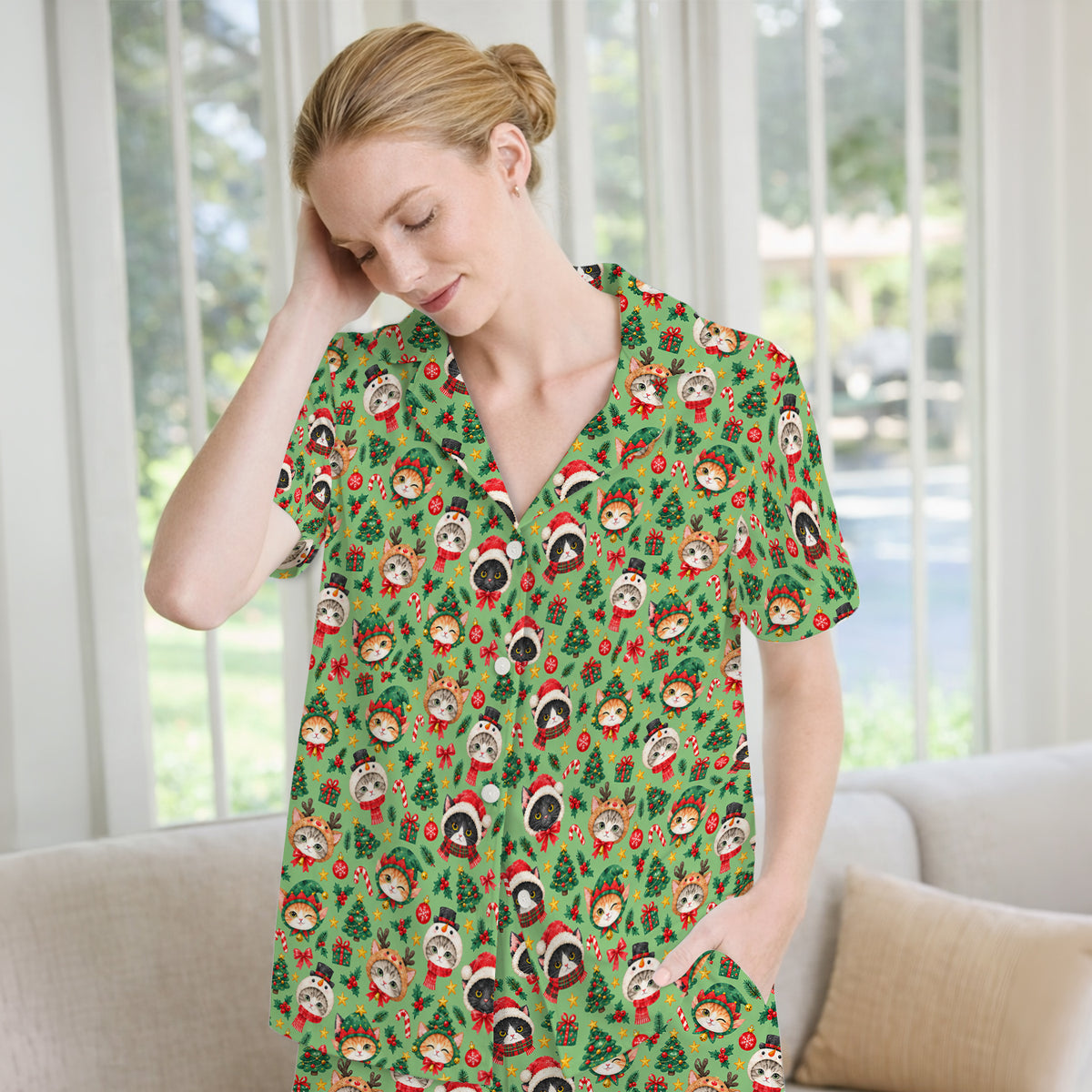 Christmas Cats And Trees Pattern Pajama Set, Breathable Fabrics Uniform