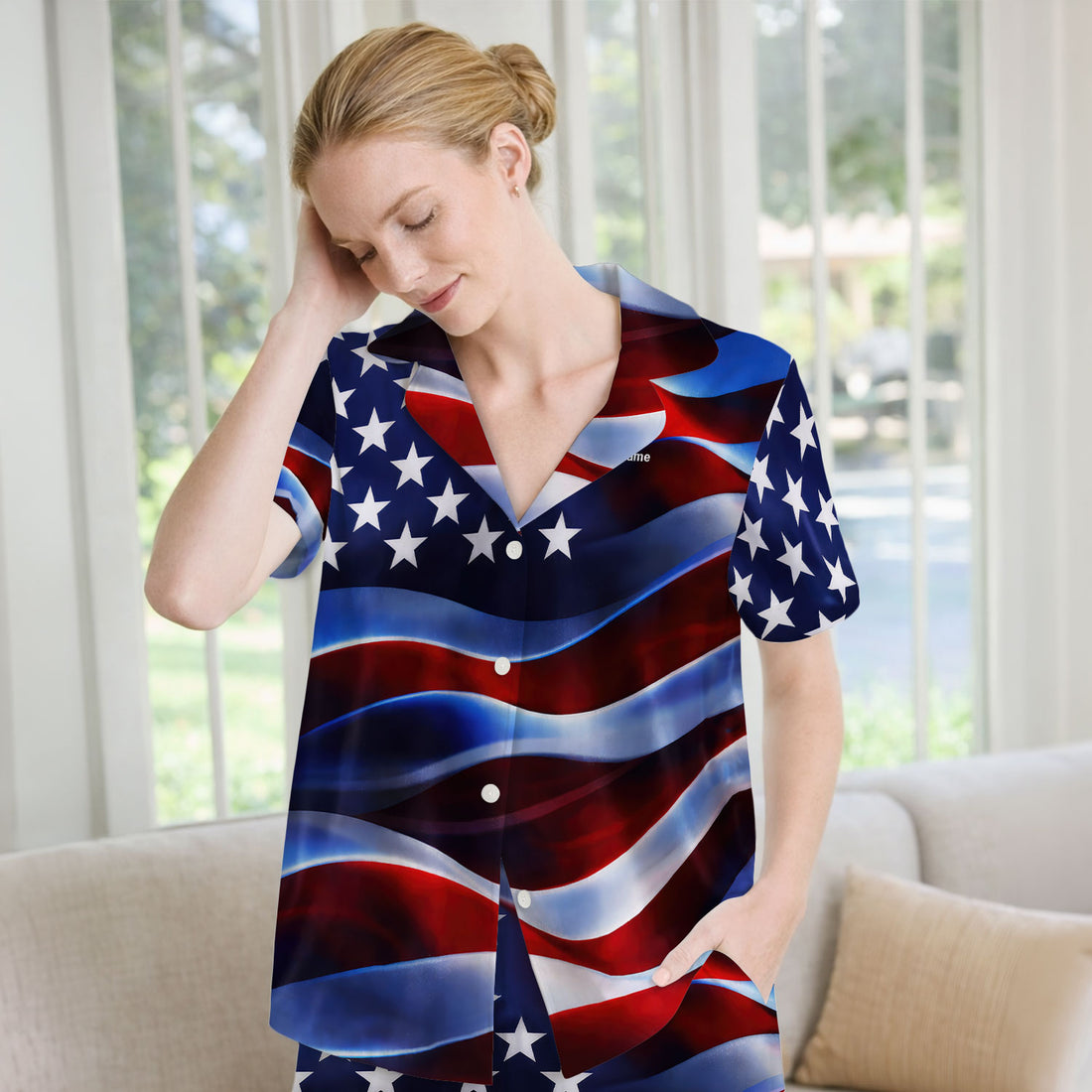 Personalized American Flag Stars Stripes Pattern Nurse Pajama Set, Soft Breathable Fabric Comfortable Sleepwear