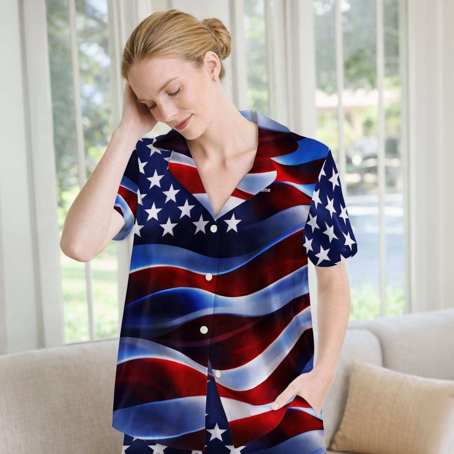 Personalized American Flag Stars Stripes Pattern Nurse Pajama Set, Soft Breathable Fabric Comfortable Sleepwear