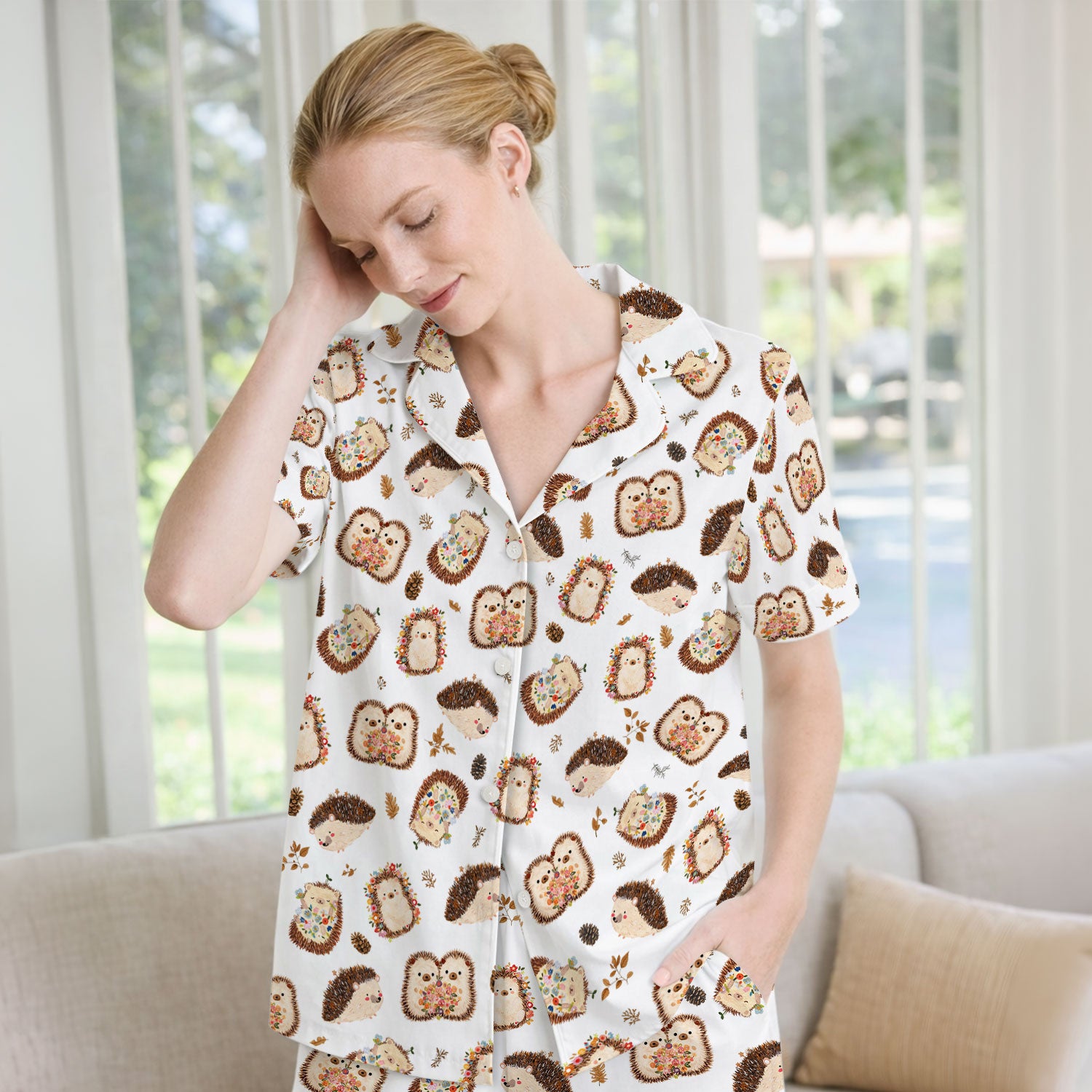 Cute Hedgehog Floral Pajama Set, Breathable Fabrics Uniform