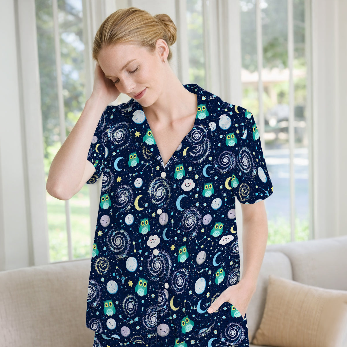 Cute Night Owl Galaxy Pattern Pajama Set, Soft Breathable Fabric Comfortable Sleepwear