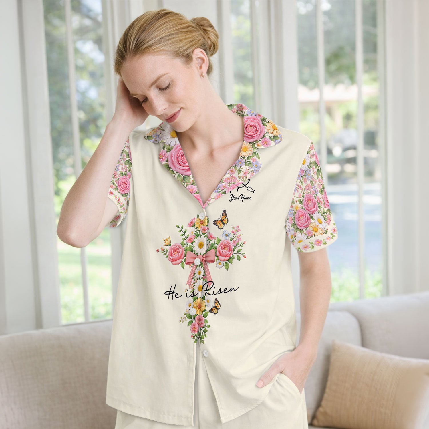 Personalized Meaningful Easter Nurse He Is Risen Floral Cross Bow Pattern Pajama Set, Breathable Fabrics Uniform