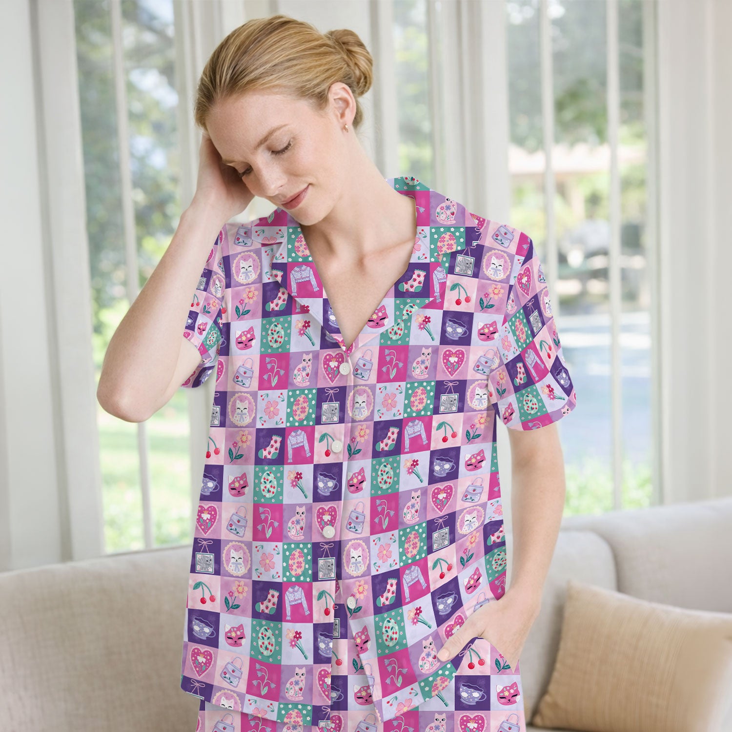 Pastel Cat Patchwork Pajama Set, Kawaii Floral Breathable Fabrics Uniform