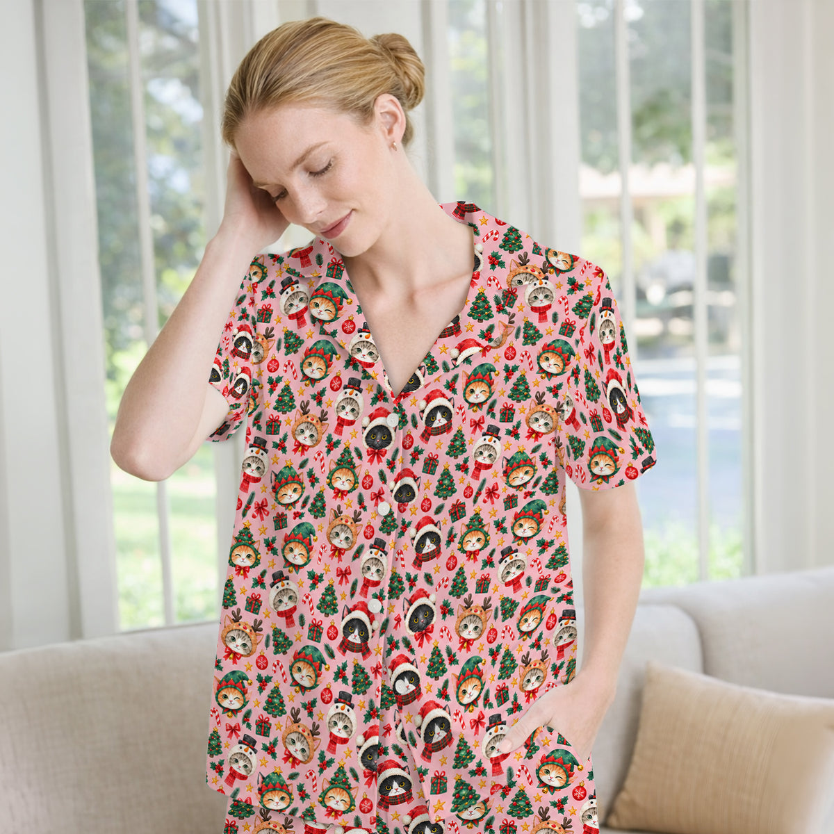 Christmas Cats And Trees Pattern Pajama Set, Breathable Fabrics Uniform