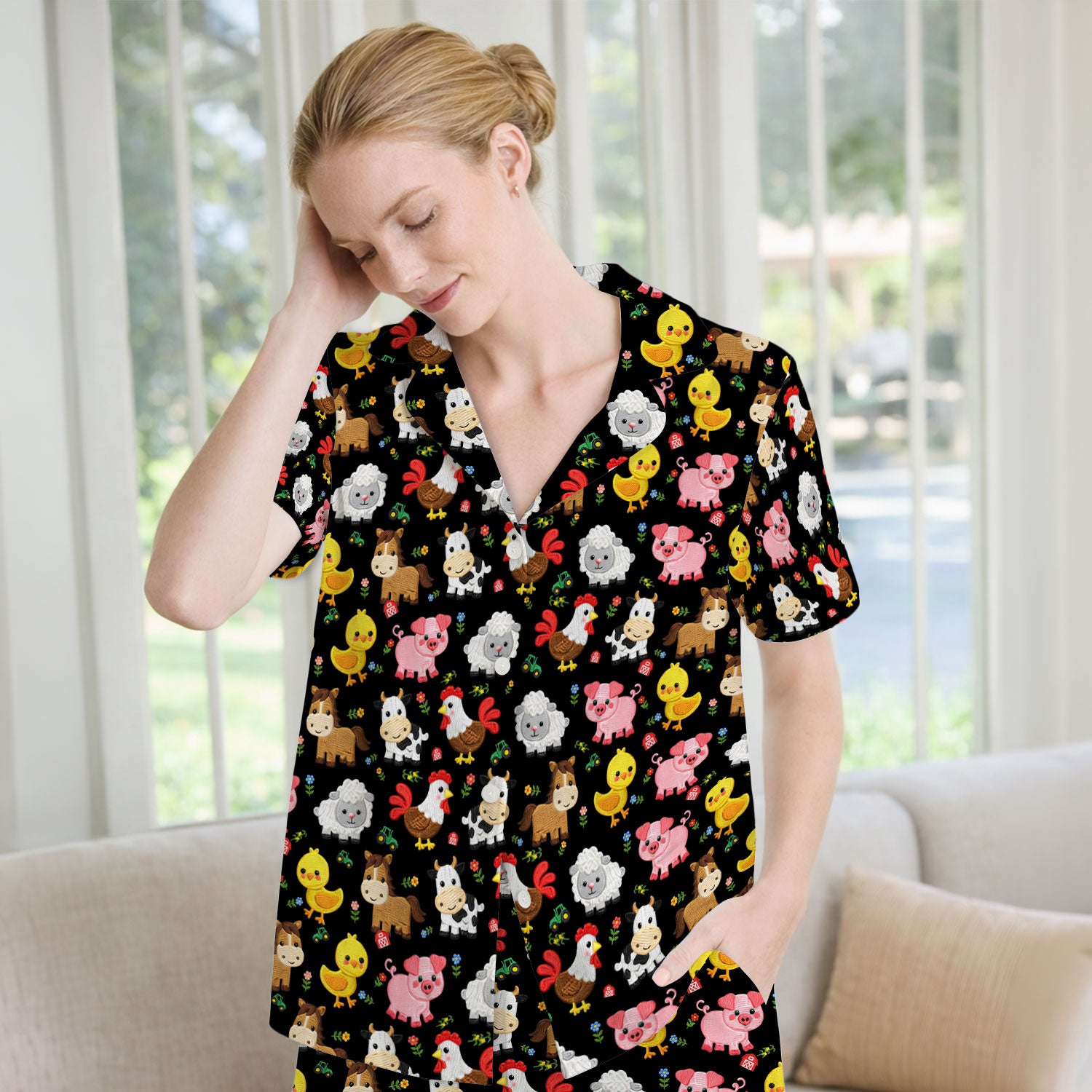 Cartoon Farm Animal Pattern Pajama Set, Breathable Fabrics Uniform