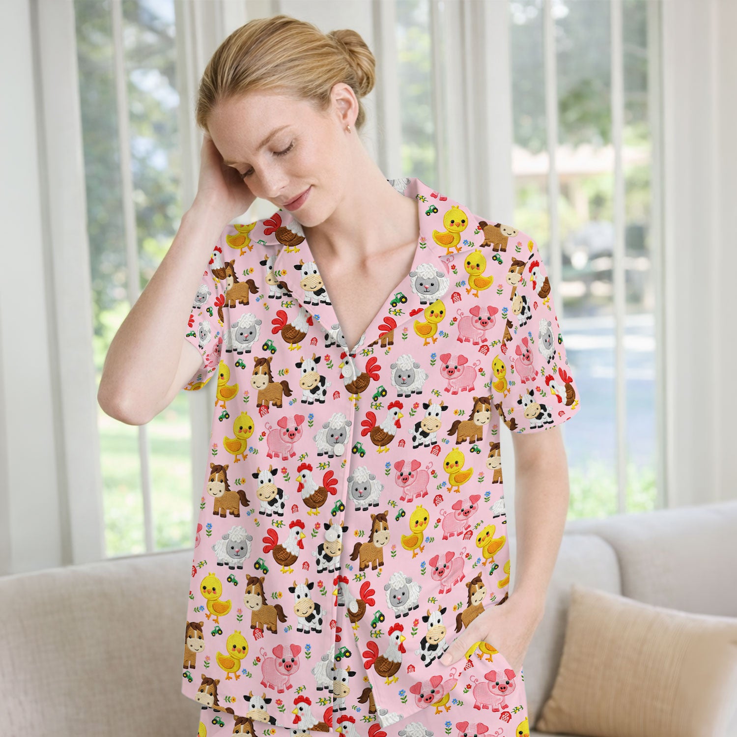 Cartoon Farm Animal Pattern Pajama Set, Breathable Fabrics Uniform