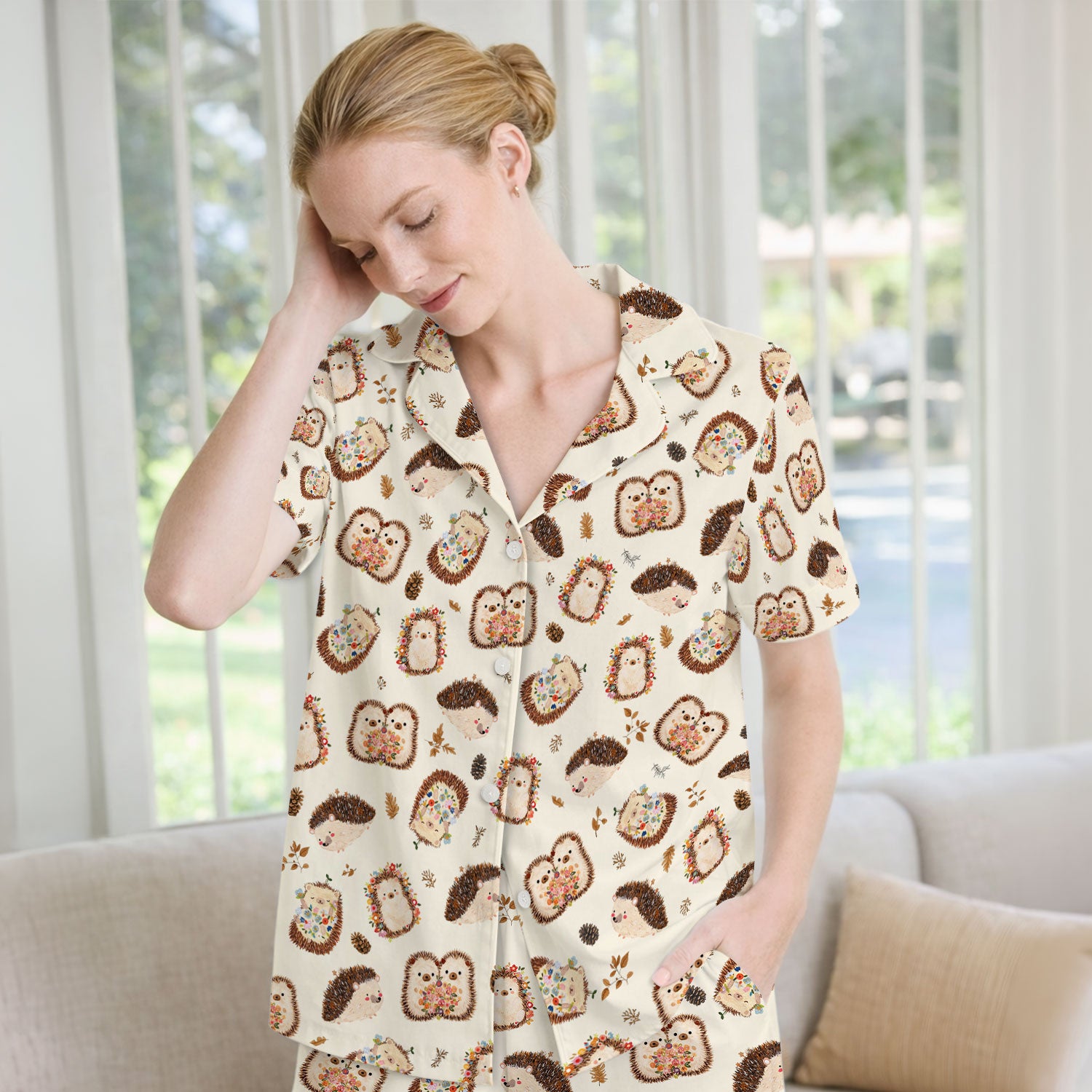 Cute Hedgehog Floral Pajama Set, Breathable Fabrics Uniform