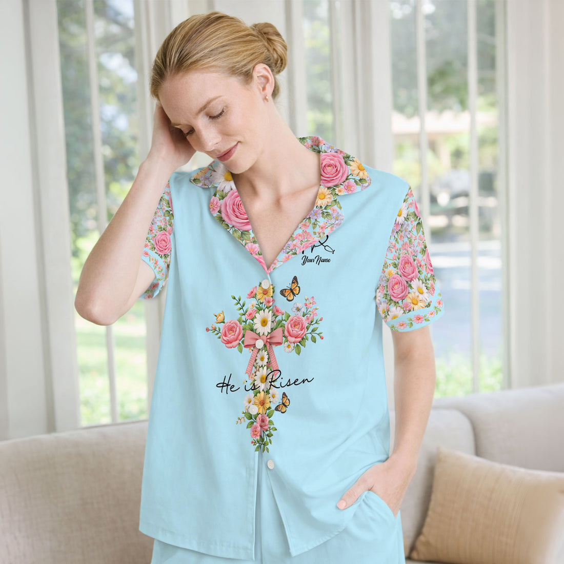 Personalized Meaningful Easter Nurse He Is Risen Floral Cross Bow Pattern Pajama Set, Breathable Fabrics Uniform
