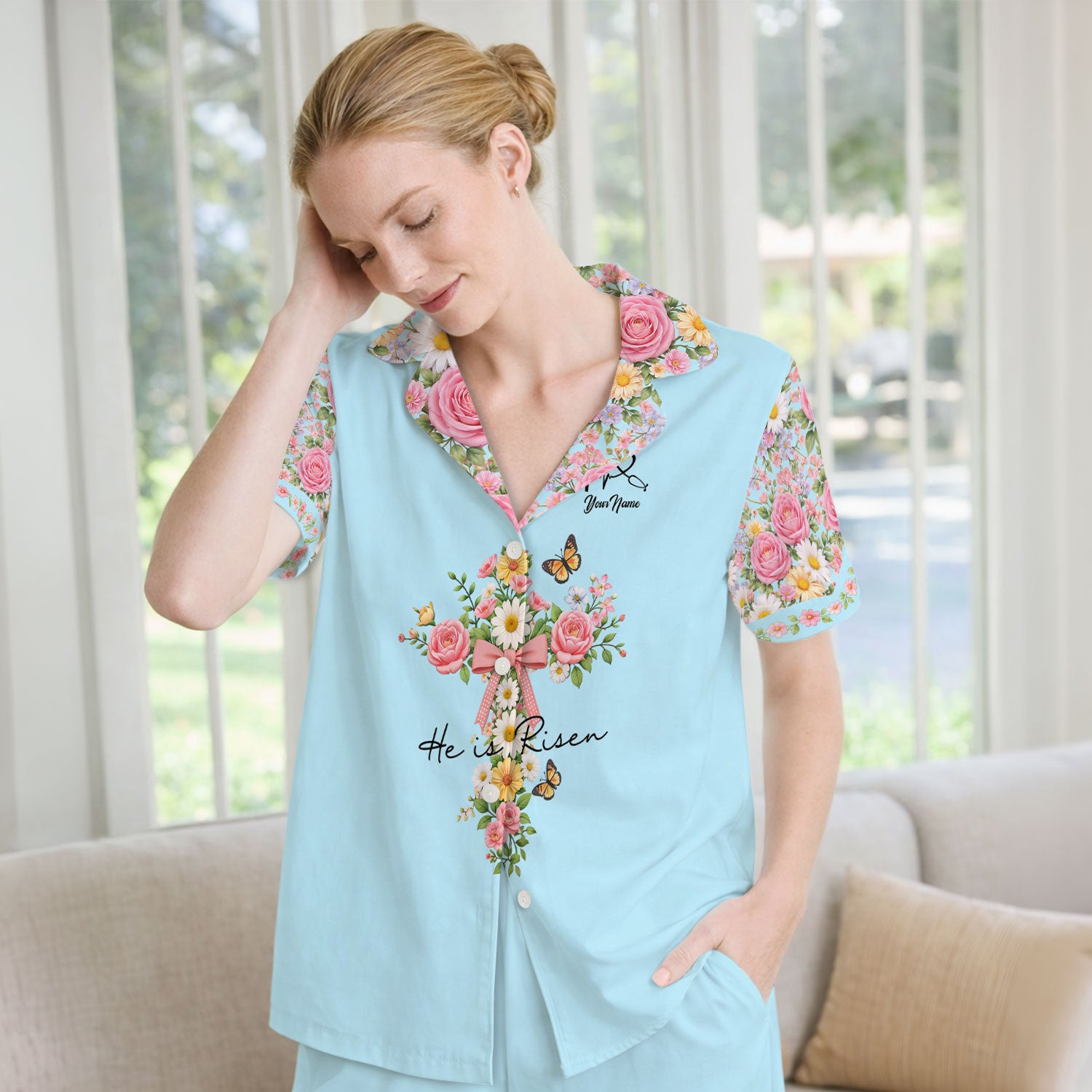 Personalized Meaningful Easter Nurse He Is Risen Floral Cross Bow Pattern Pajama Set, Breathable Fabrics Uniform