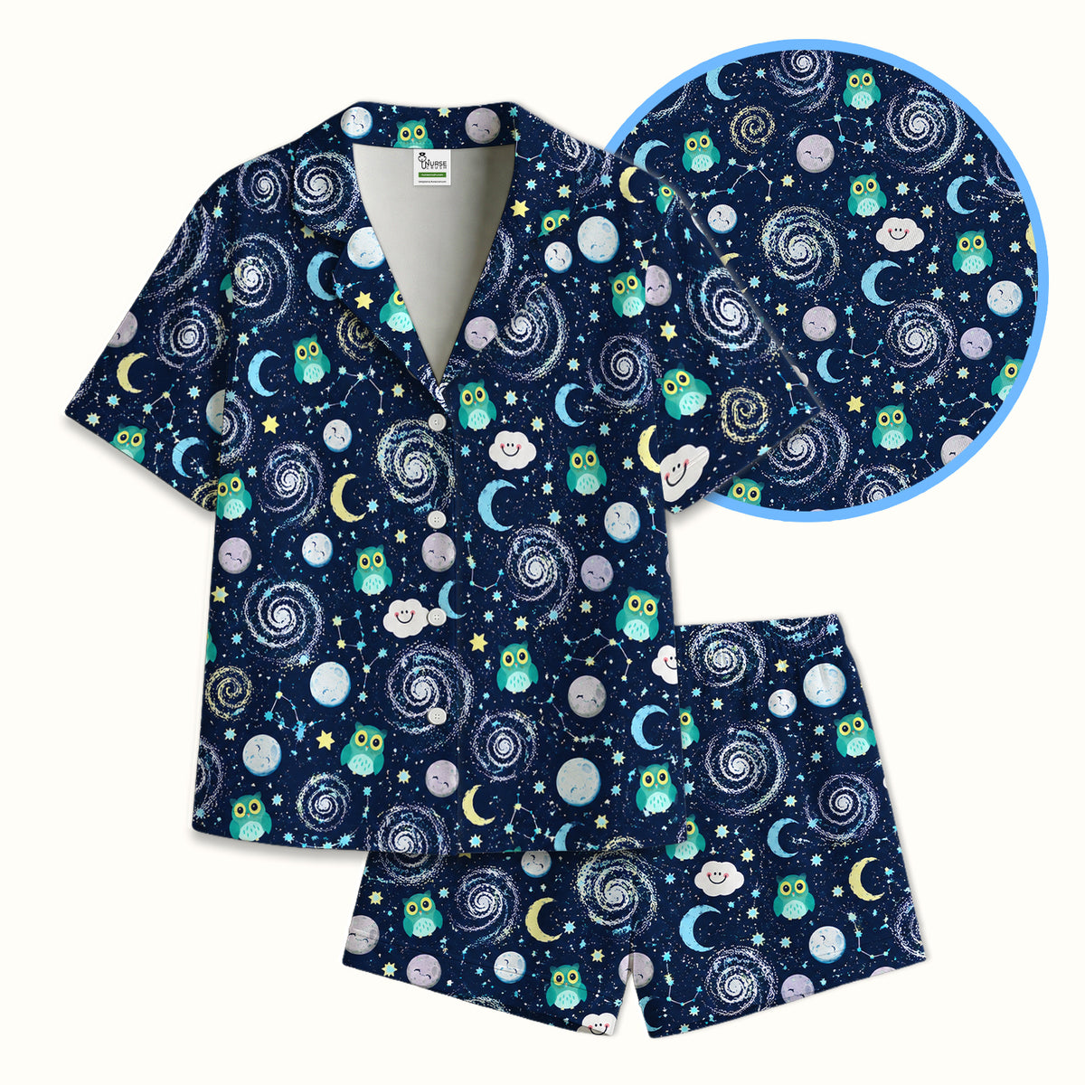 Cute Night Owl Galaxy Pattern Pajama Set, Soft Breathable Fabric Comfortable Sleepwear
