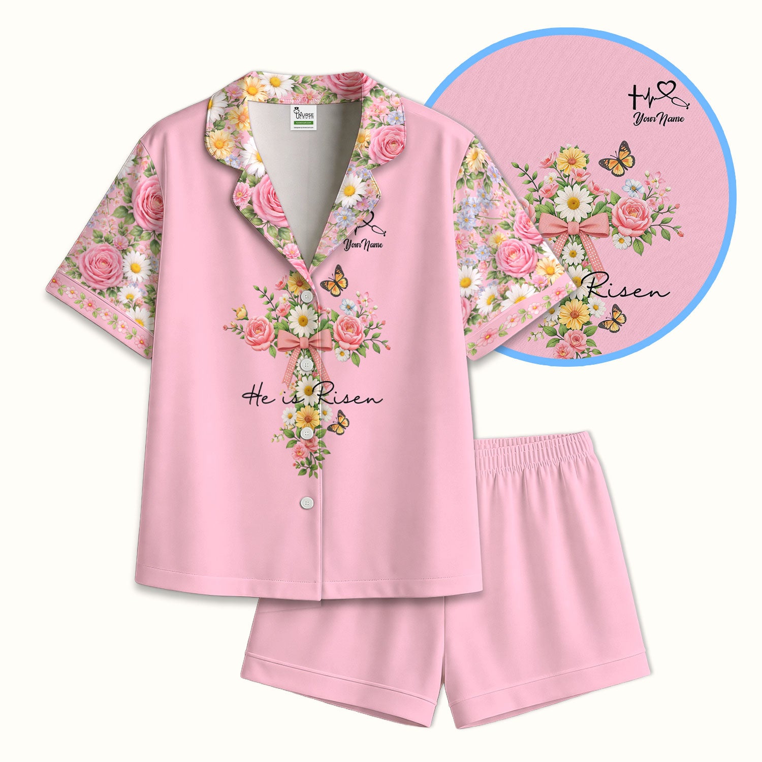 Personalized Meaningful Easter Nurse He Is Risen Floral Cross Bow Pattern Pajama Set, Breathable Fabrics Uniform