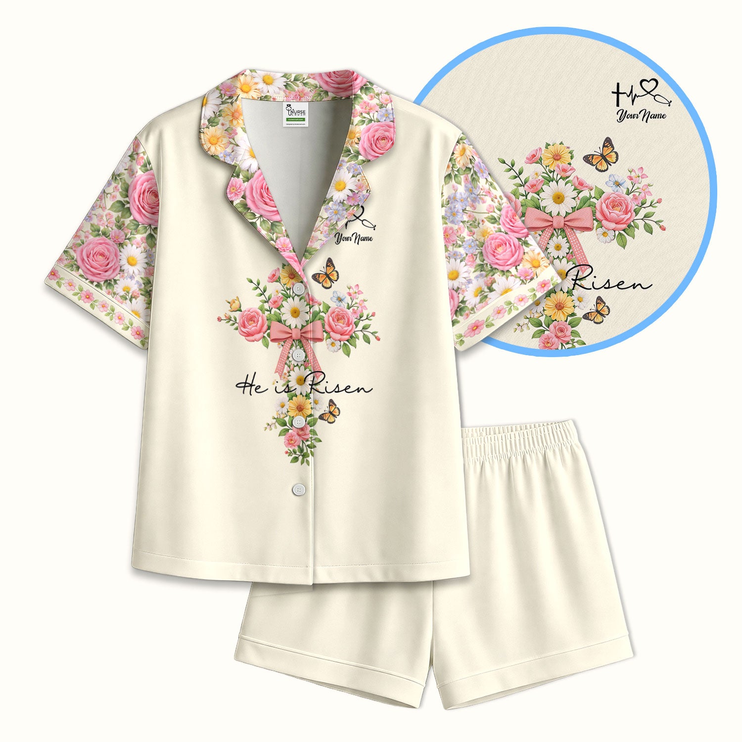 Personalized Meaningful Easter Nurse He Is Risen Floral Cross Bow Pattern Pajama Set, Breathable Fabrics Uniform