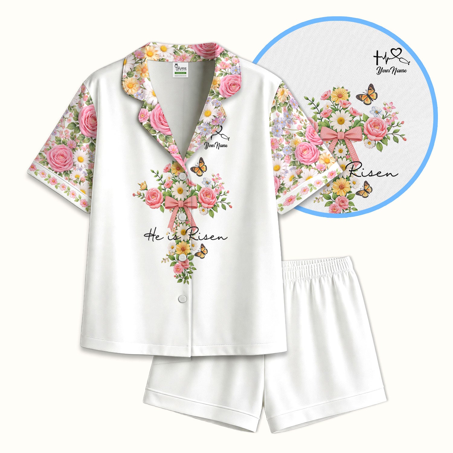 Personalized Meaningful Easter Nurse He Is Risen Floral Cross Bow Pattern Pajama Set, Breathable Fabrics Uniform