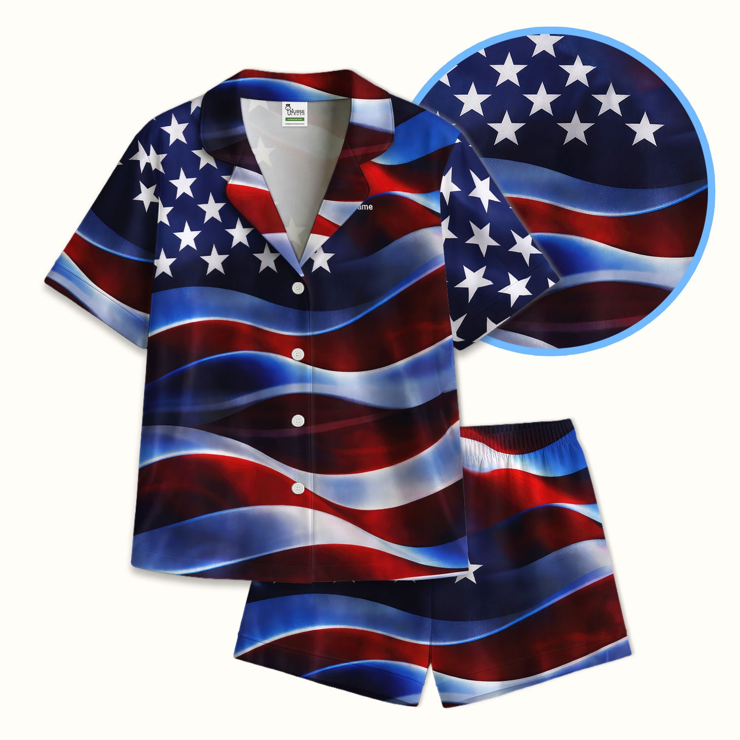 Personalized American Flag Stars Stripes Pattern Nurse Pajama Set, Soft Breathable Fabric Comfortable Sleepwear