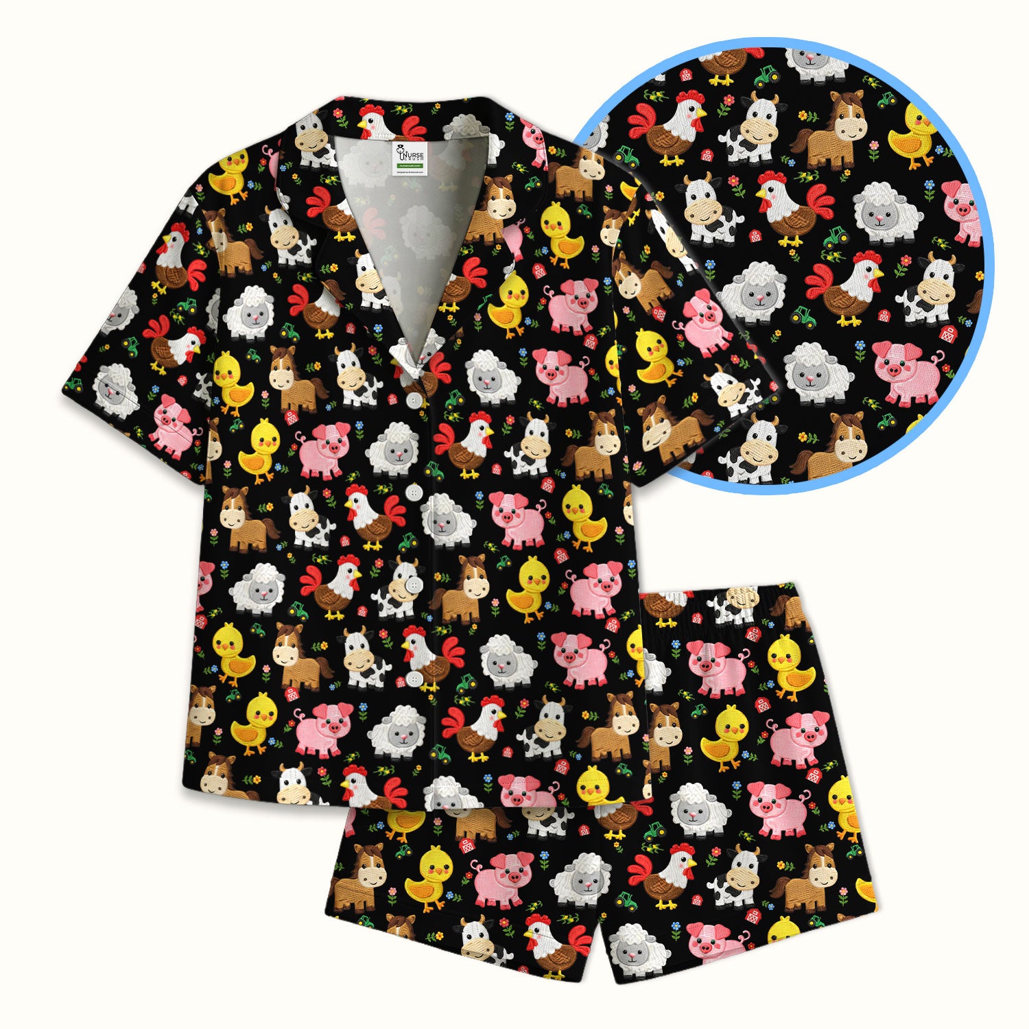 Cartoon Farm Animal Pattern Pajama Set, Breathable Fabrics Uniform
