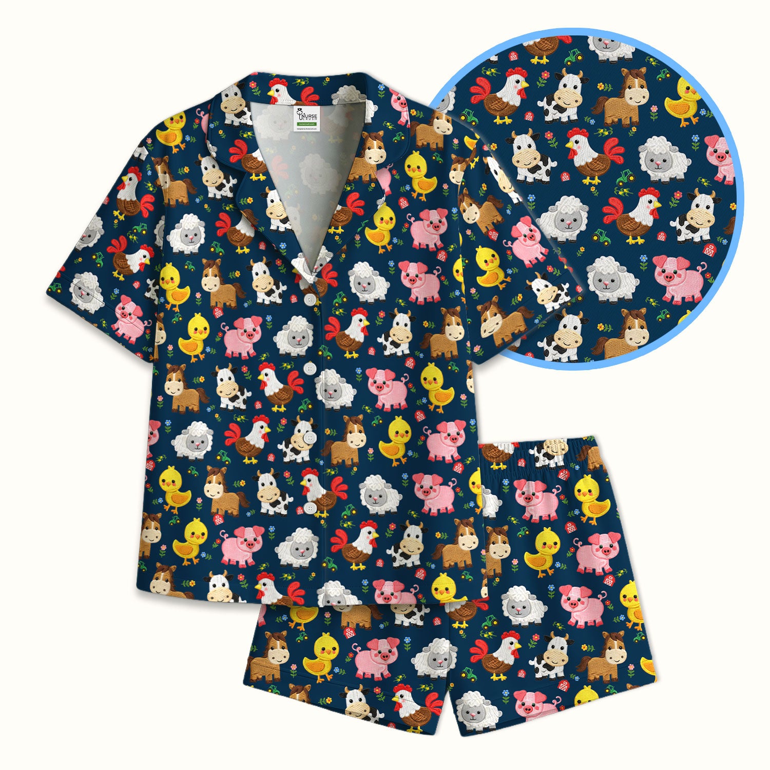 Cartoon Farm Animal Pattern Pajama Set, Breathable Fabrics Uniform