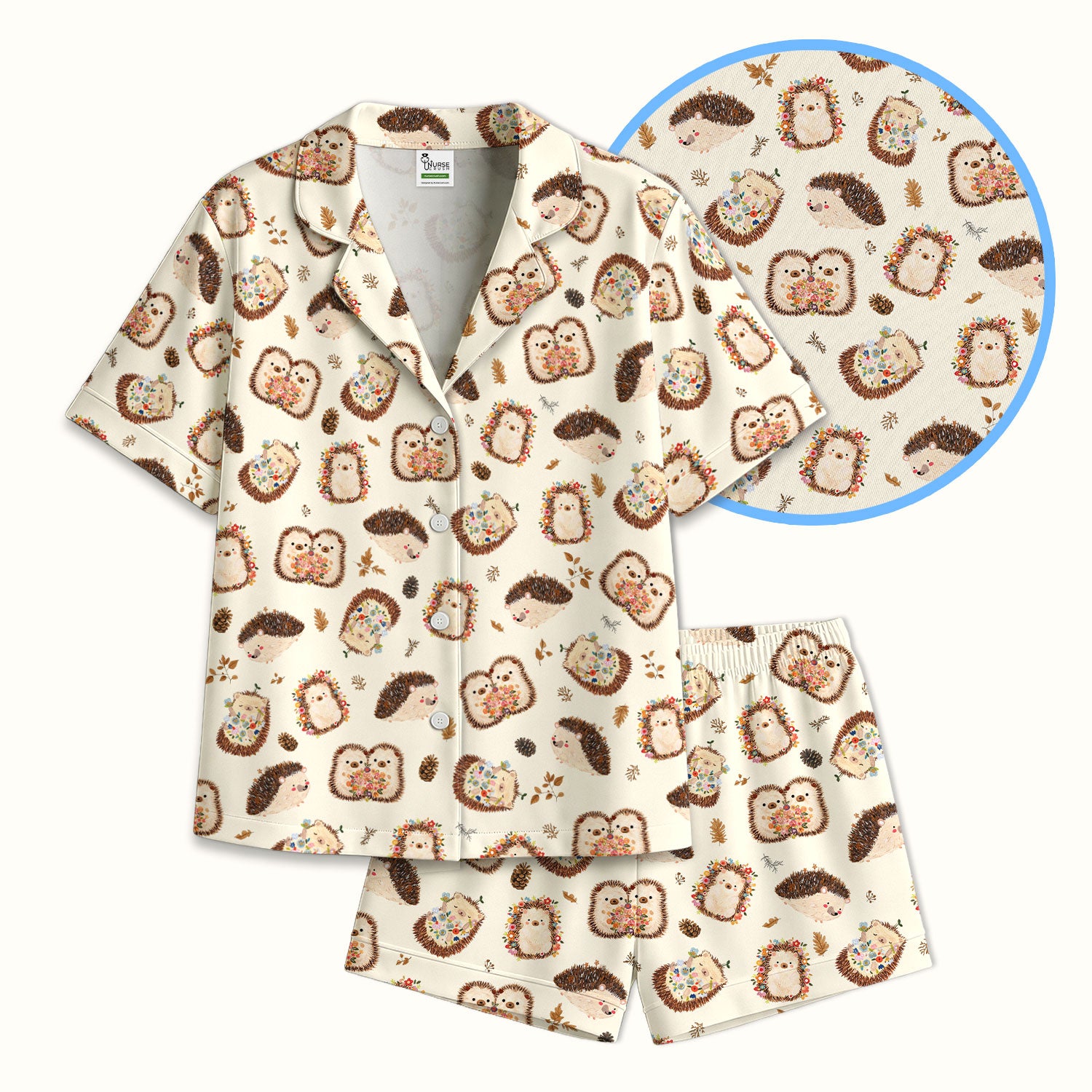 Cute Hedgehog Floral Pajama Set, Breathable Fabrics Uniform