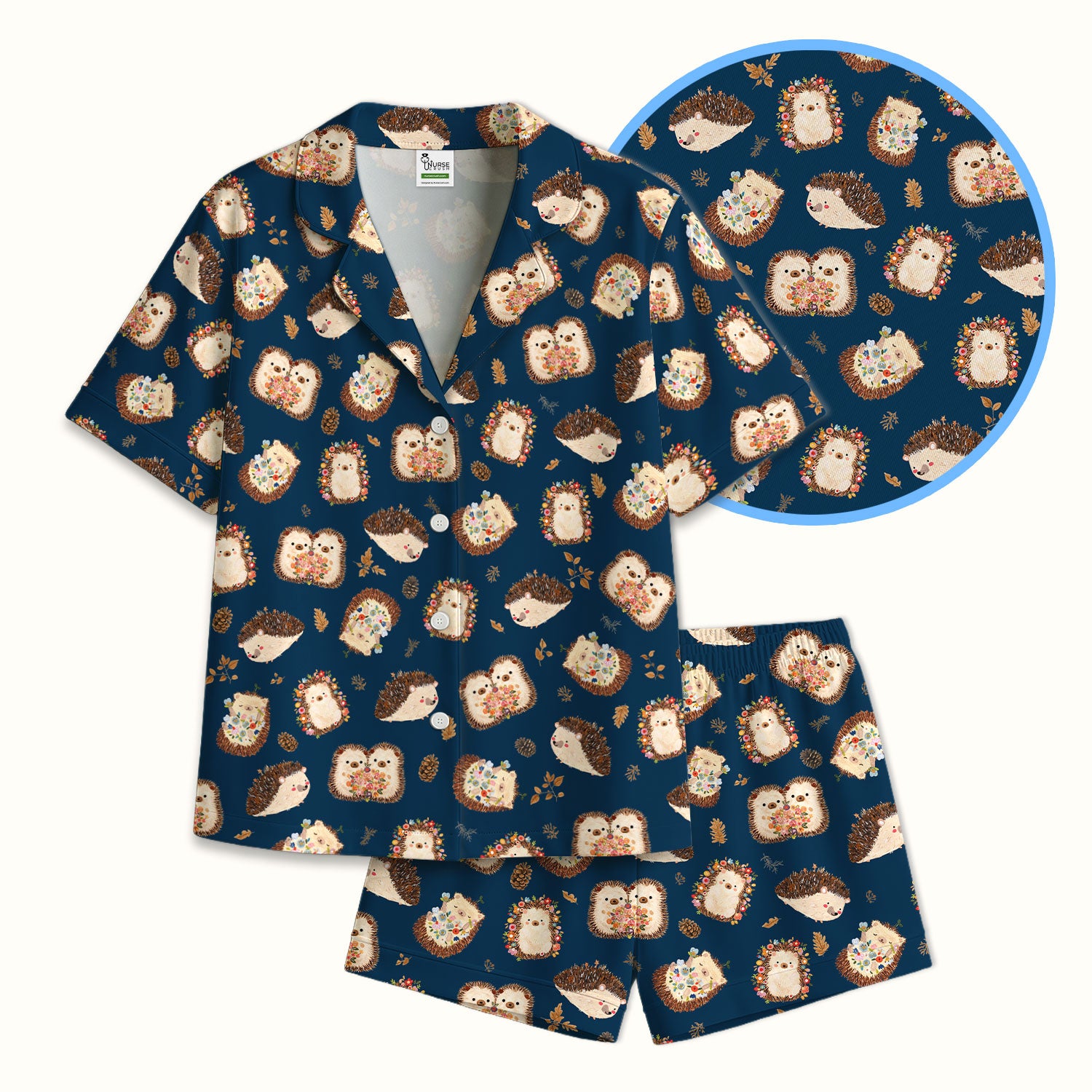 Cute Hedgehog Floral Pajama Set, Breathable Fabrics Uniform