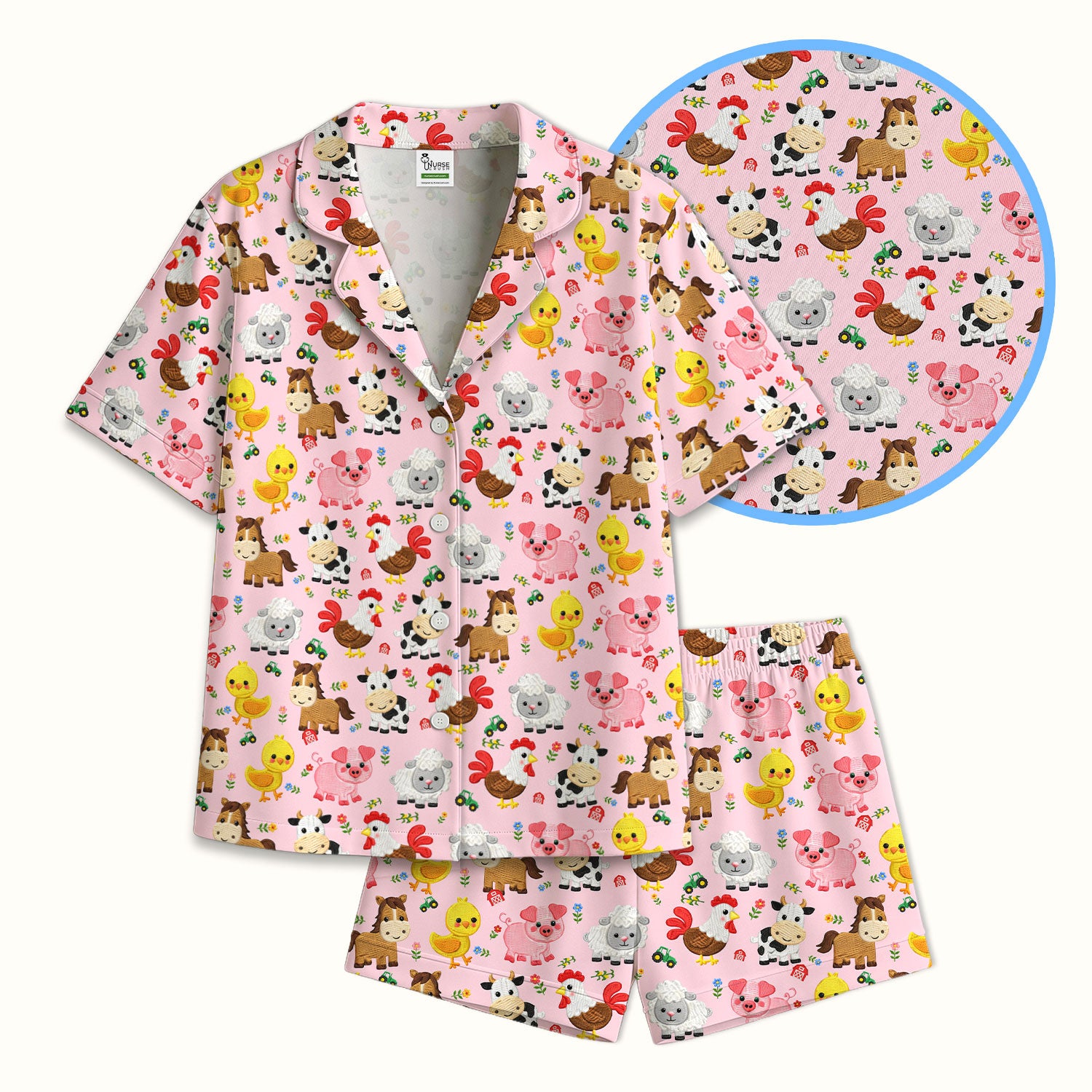 Cartoon Farm Animal Pattern Pajama Set, Breathable Fabrics Uniform