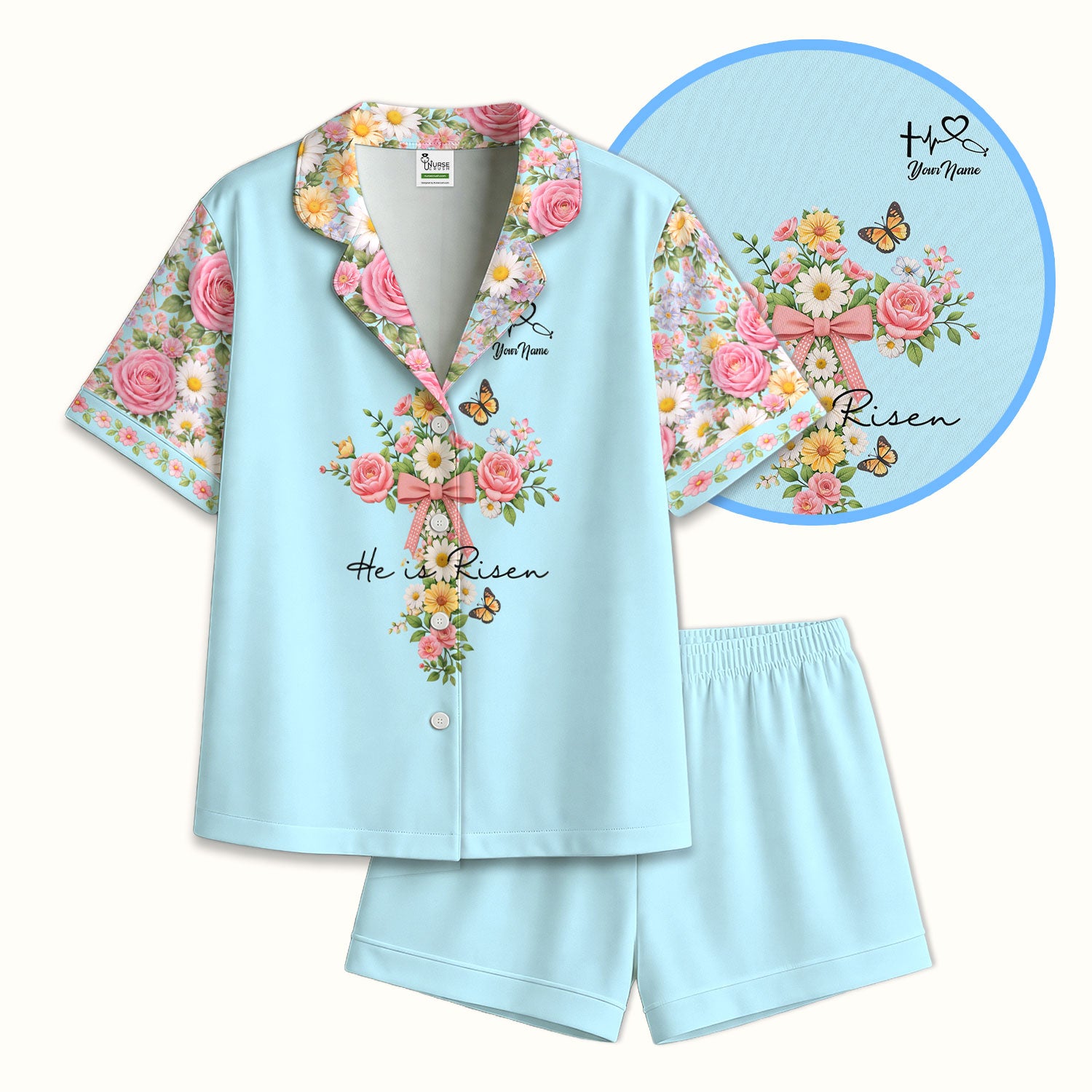Personalized Meaningful Easter Nurse He Is Risen Floral Cross Bow Pattern Pajama Set, Breathable Fabrics Uniform
