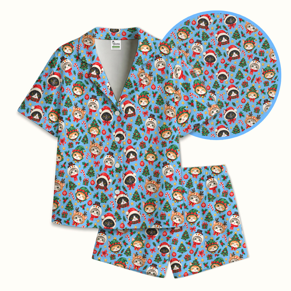 Christmas Cats And Trees Pattern Pajama Set, Breathable Fabrics Uniform
